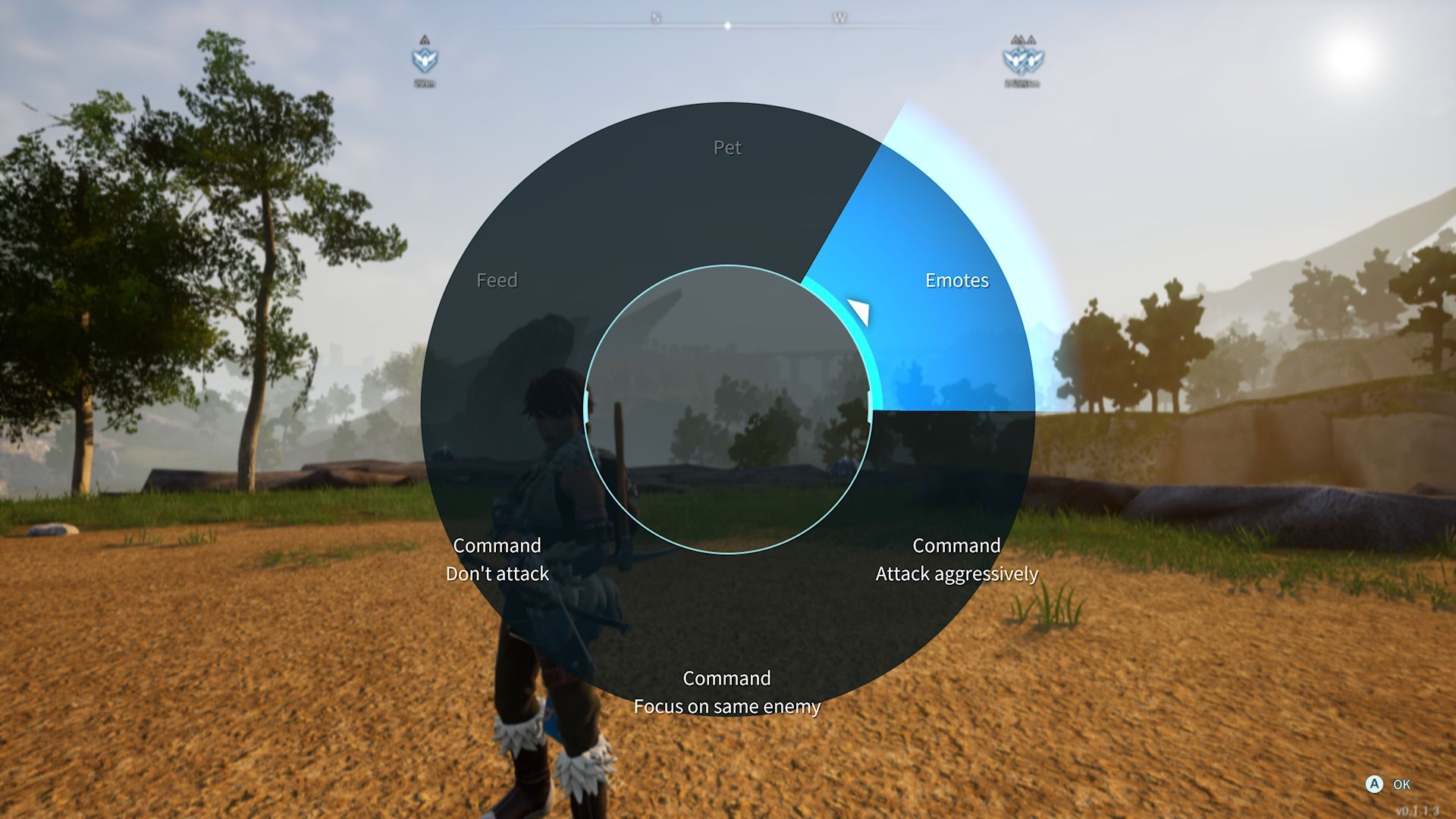 A player accessing the Command menu and highlighting the Emotes option in Palworld.