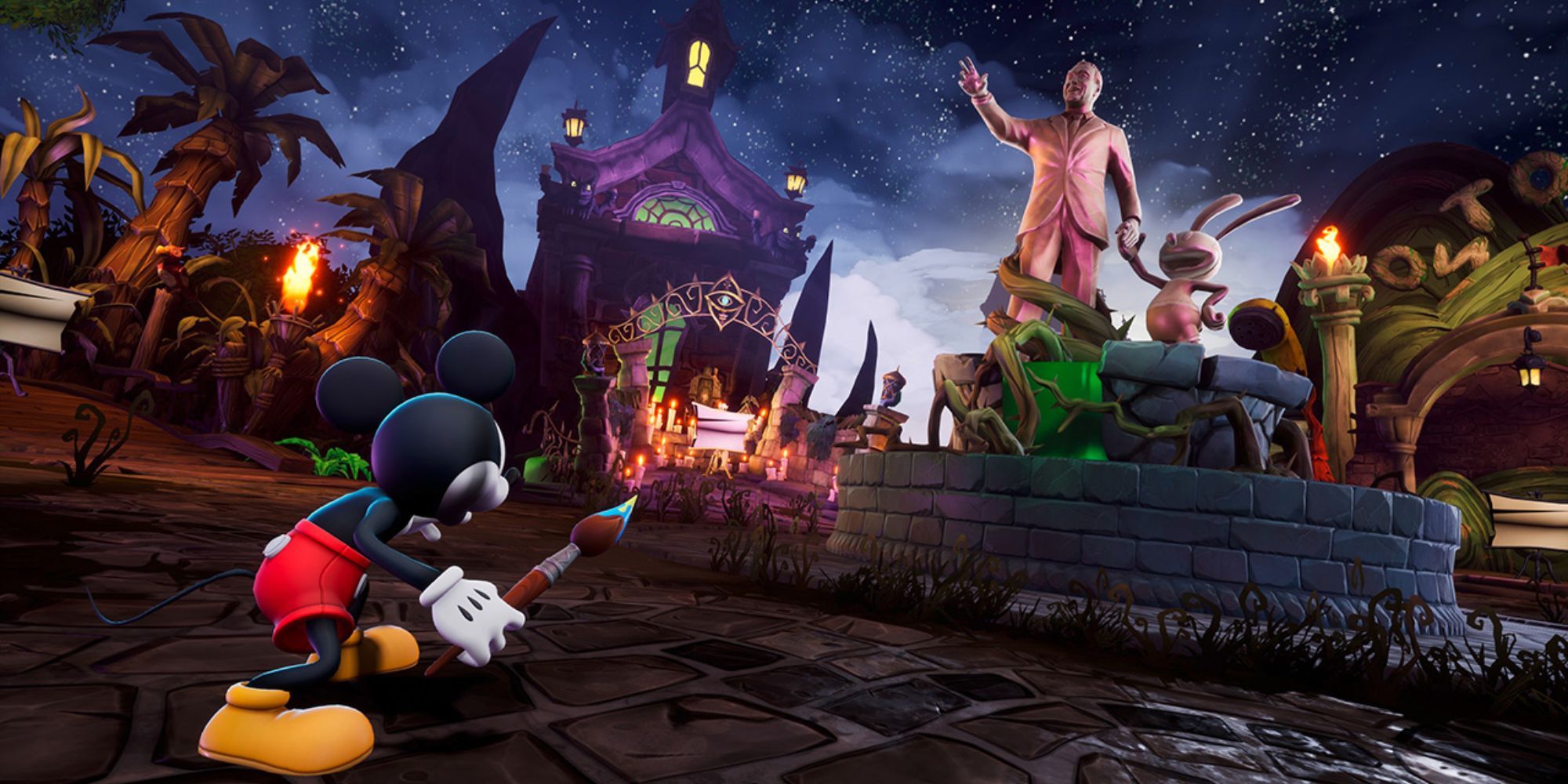 An in-game screenshot of Epic Mickey: Rebrushed, showing Mickey looking at Oswald and Walt Disney.