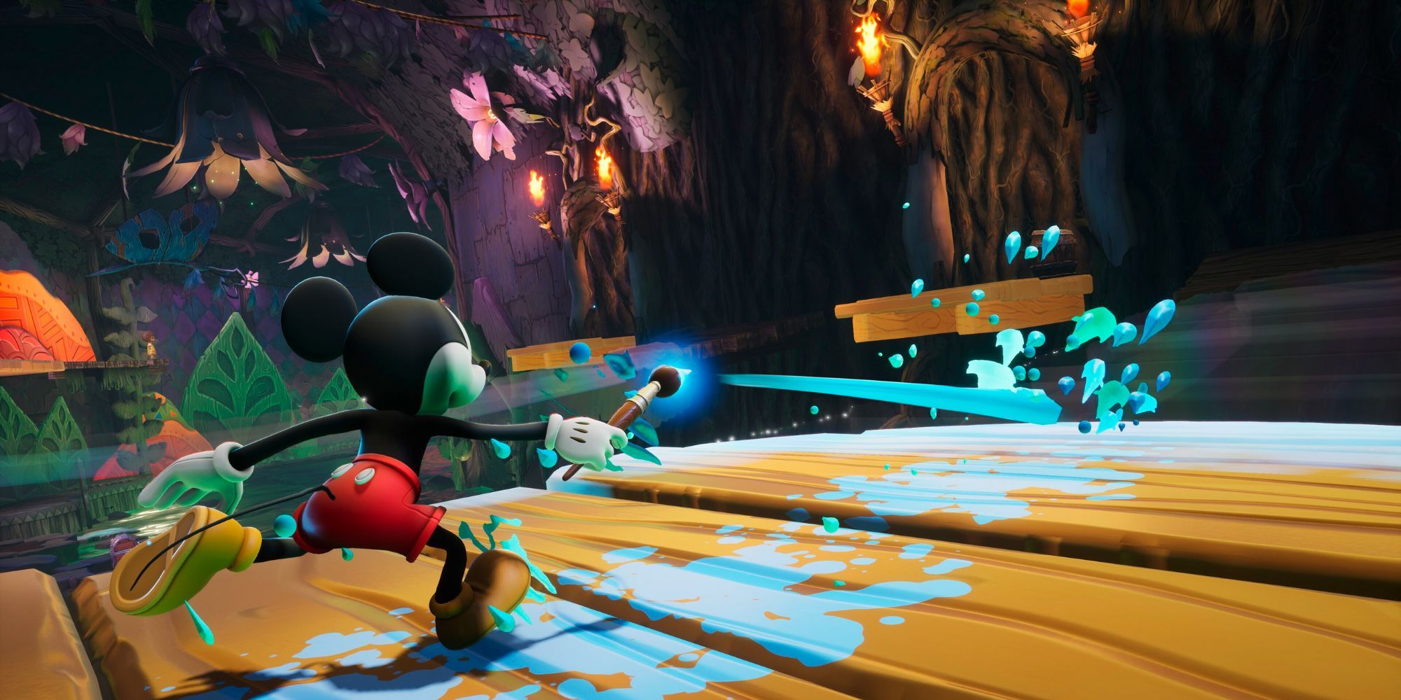 Mickey shooting some paint in Epic Mickey: Rebrushed.