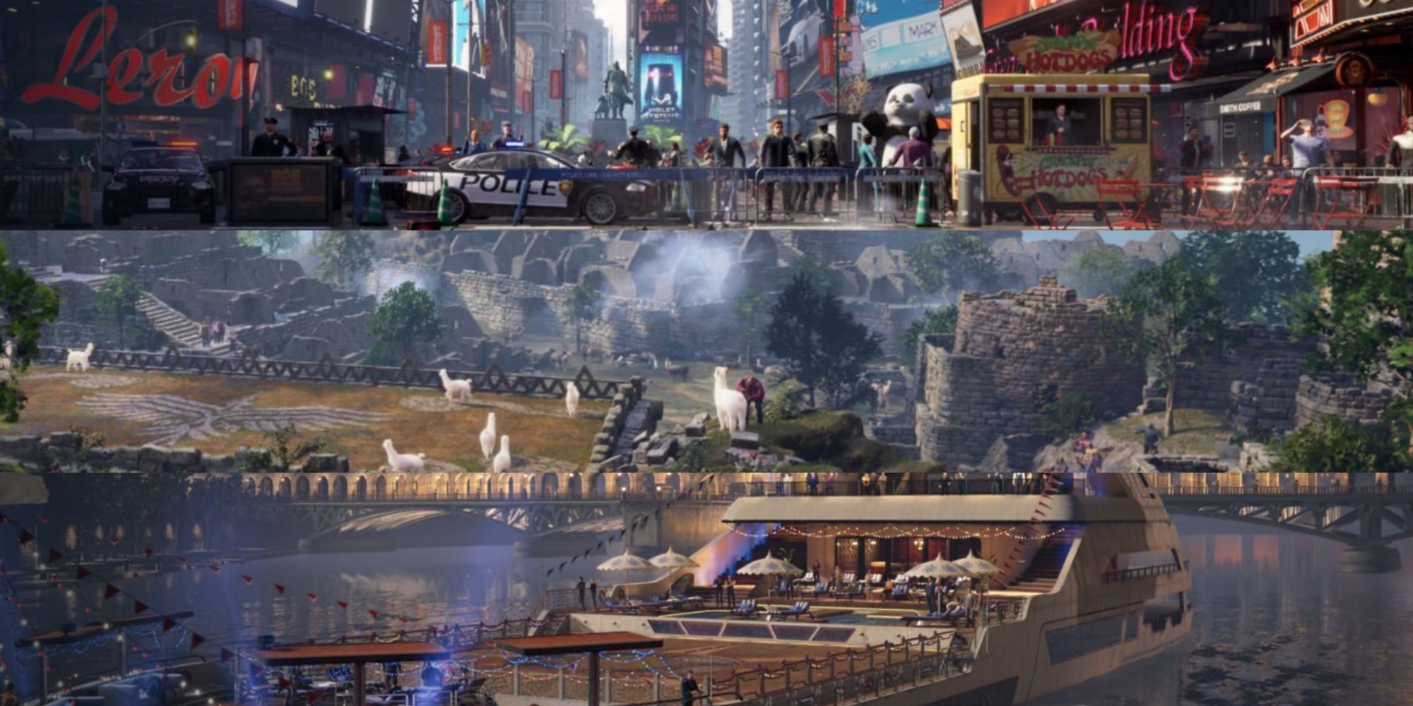 A collage of images showcasing the Urban Square, Ortiz Farm, and the Celebration on the Seine Stages in Tekken 8