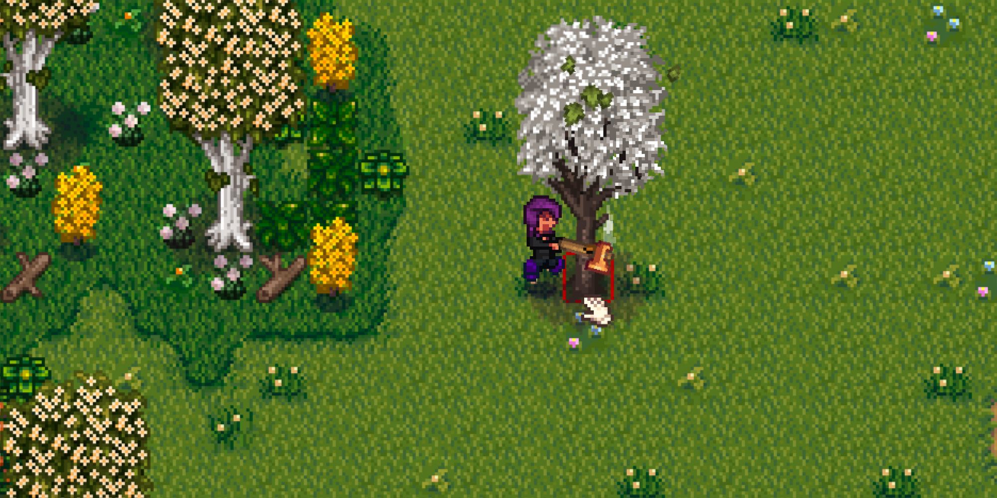 Stardew Valley farmer using axe to cut down a tree