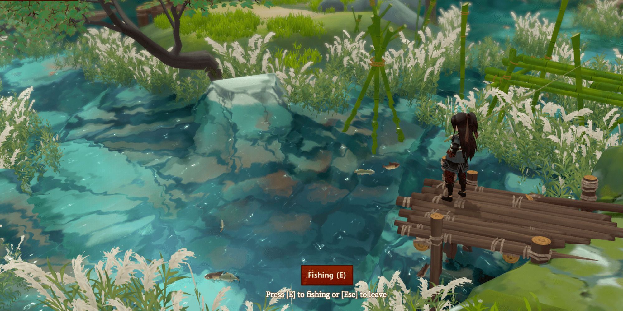 playable character fishing at pond