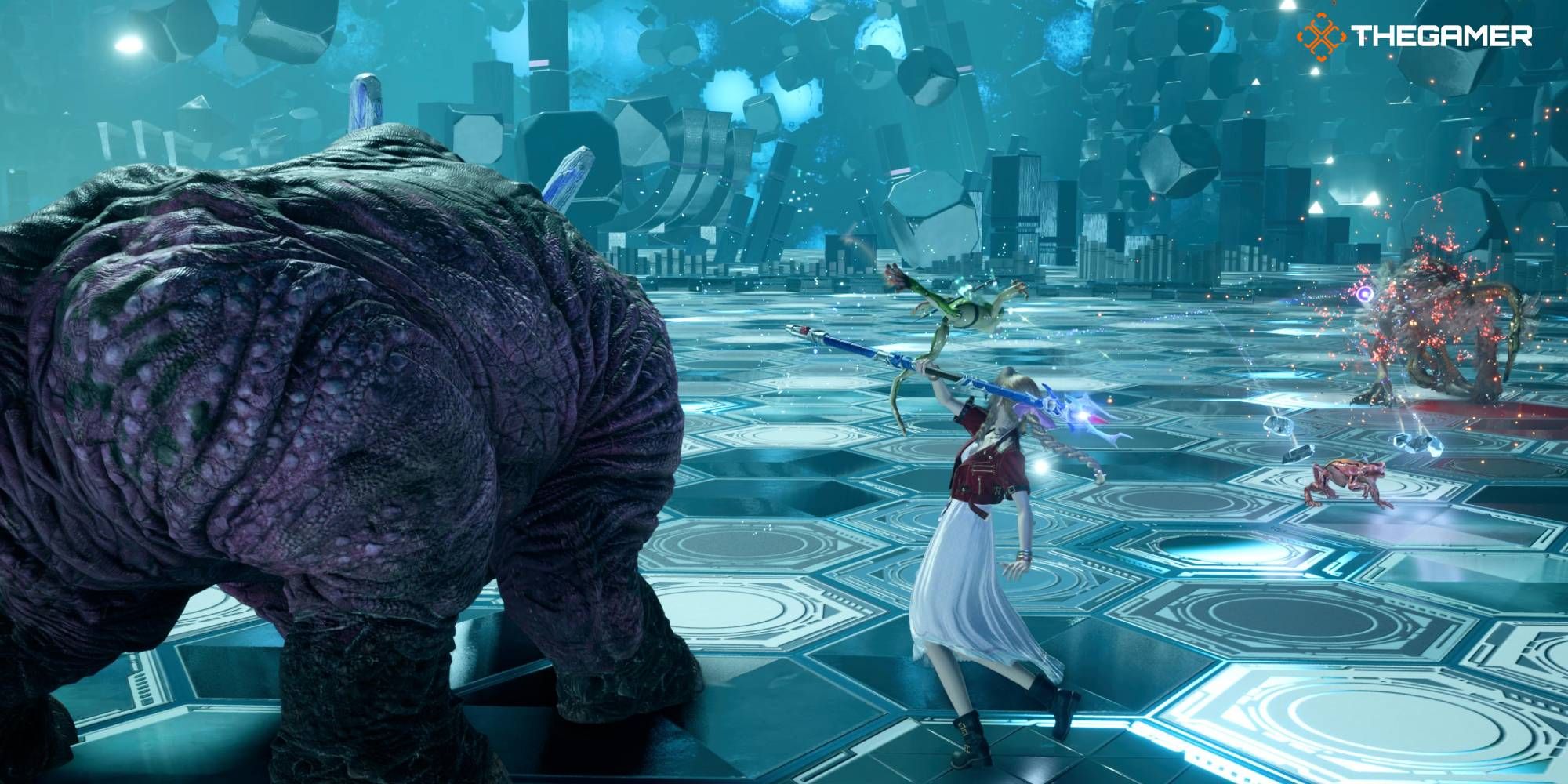 Feature image of Aerith casting a spell in the combat simulator in FF7 Rebirth