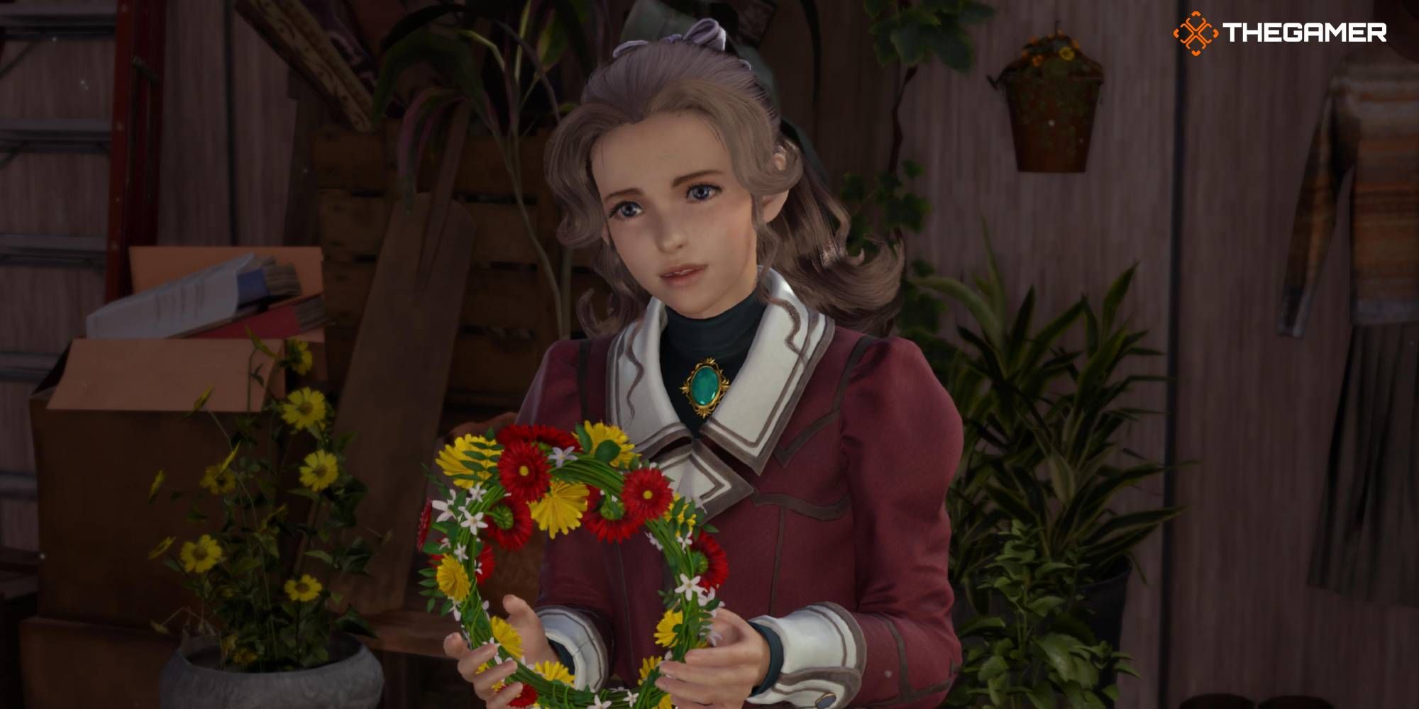 Feature image of Chloe holding her wreath at the Chocobo Ranch in FF7 Rebirth