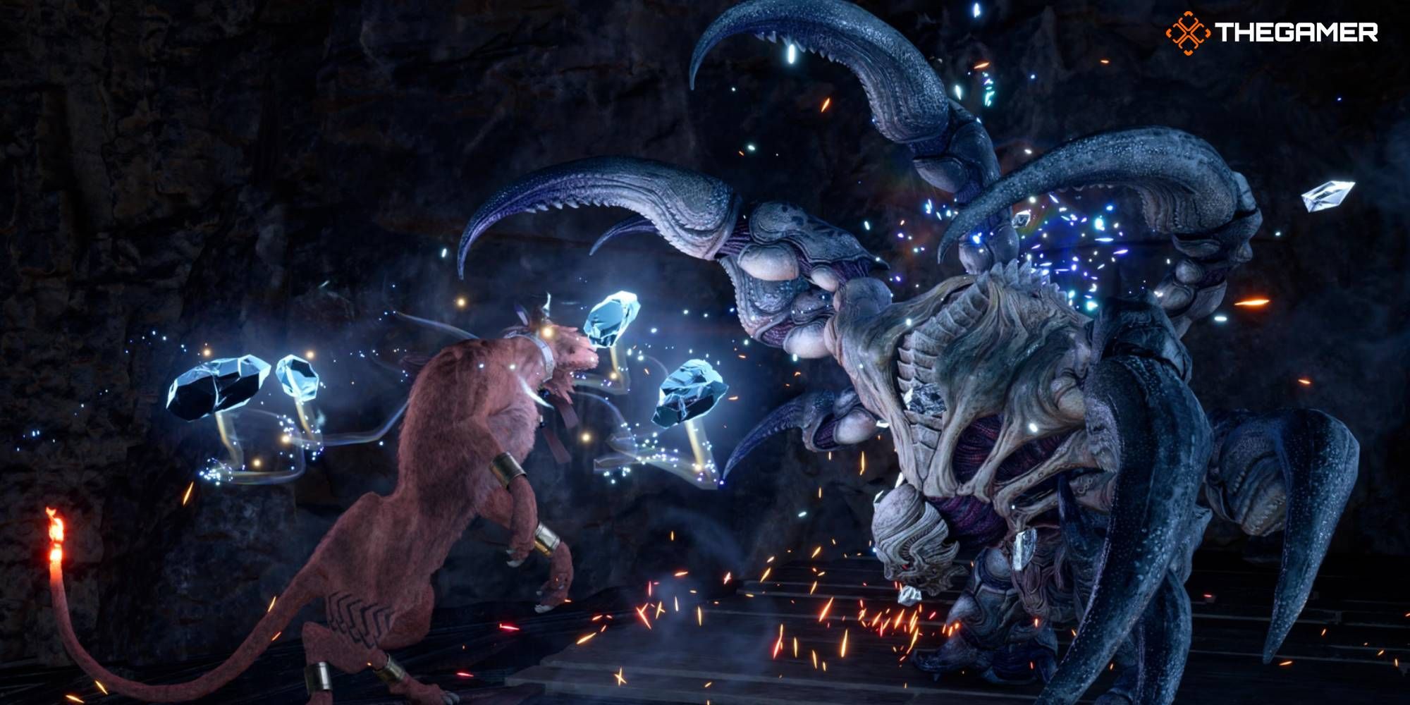 Feature image of Red XIII attacking a Death Claw with Chilling Roar in FF7 Rebirth