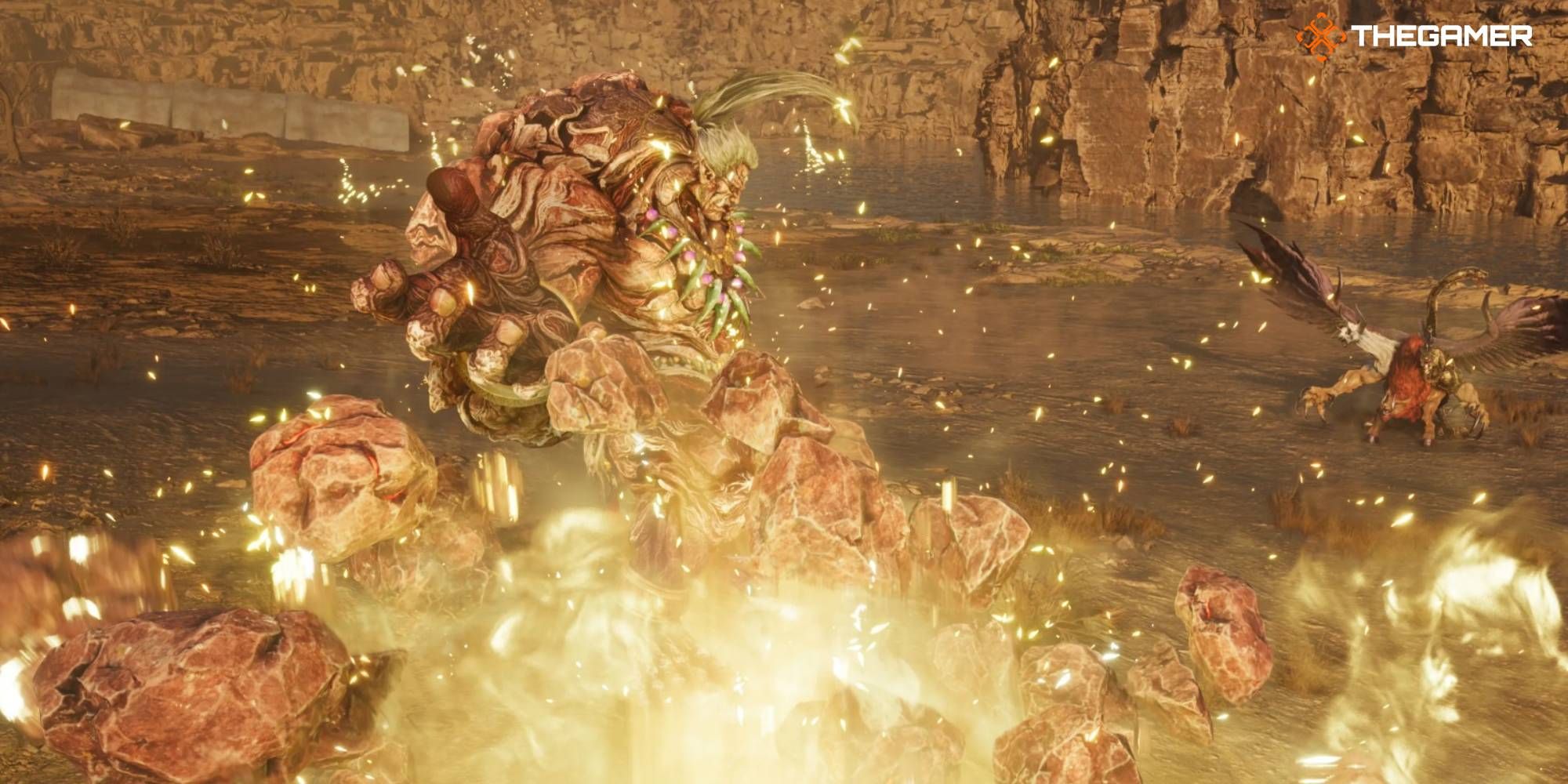Feature image of Titan battling a Chimera in the Corel region of FF7 Rebirth