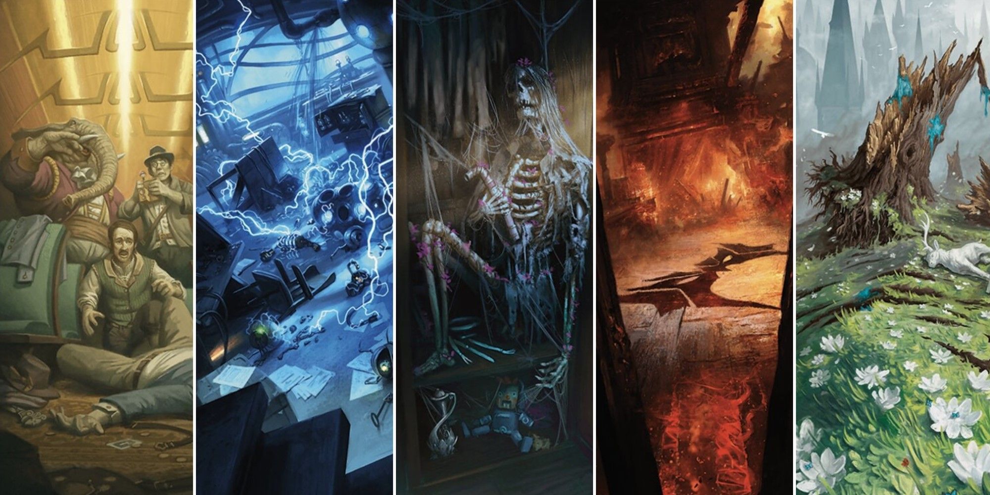 Artwork from five different Case cards from the Magic: The Gathering expansion Murders at Karlov Manor