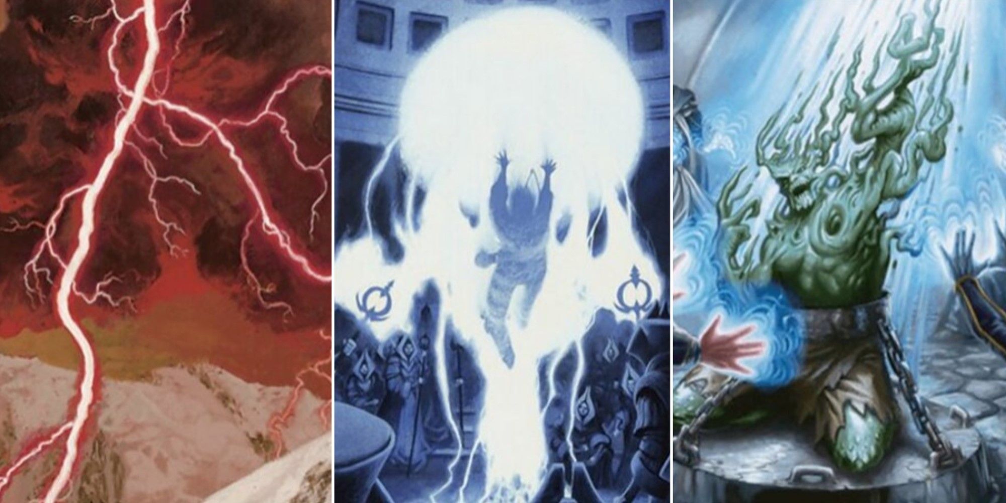 Artwork from three different Magic: The Gathering cards that were reprinted in Ravnica: Clue Edition