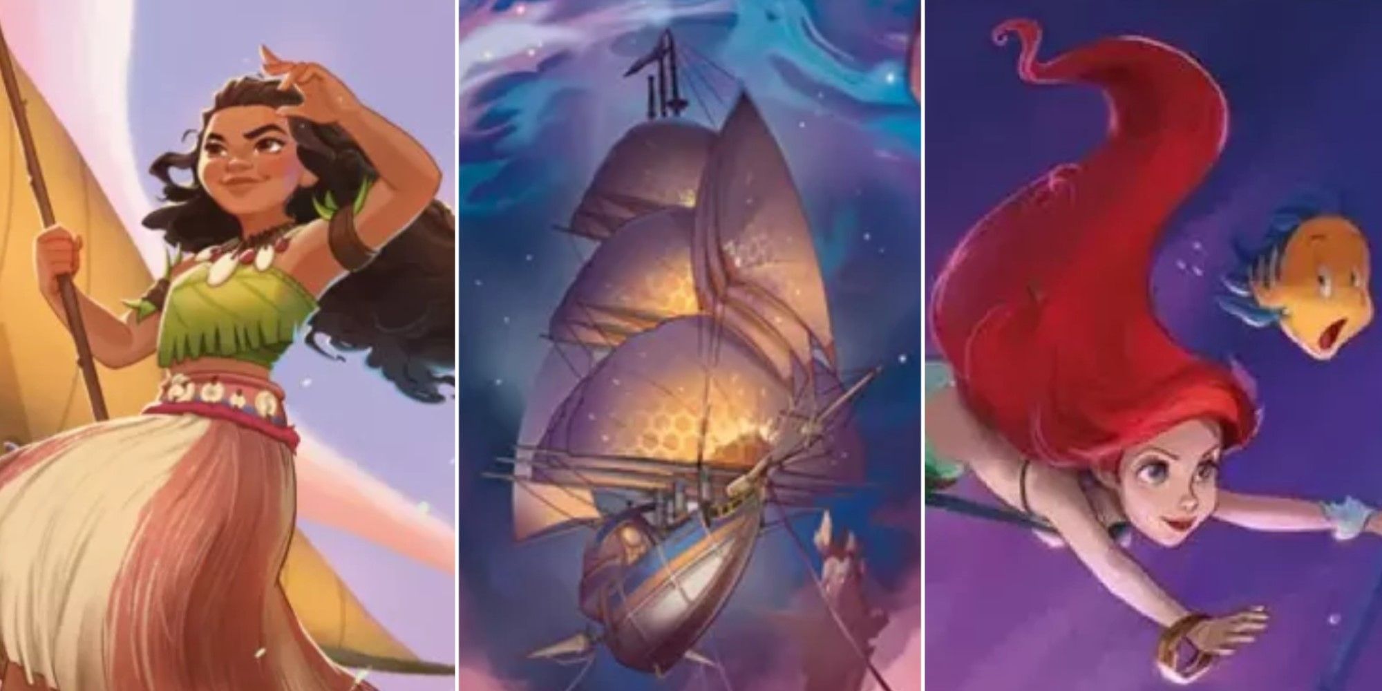 Artwork from three different Ruby cards from the Disney Lorcana expansion Into the Inklands