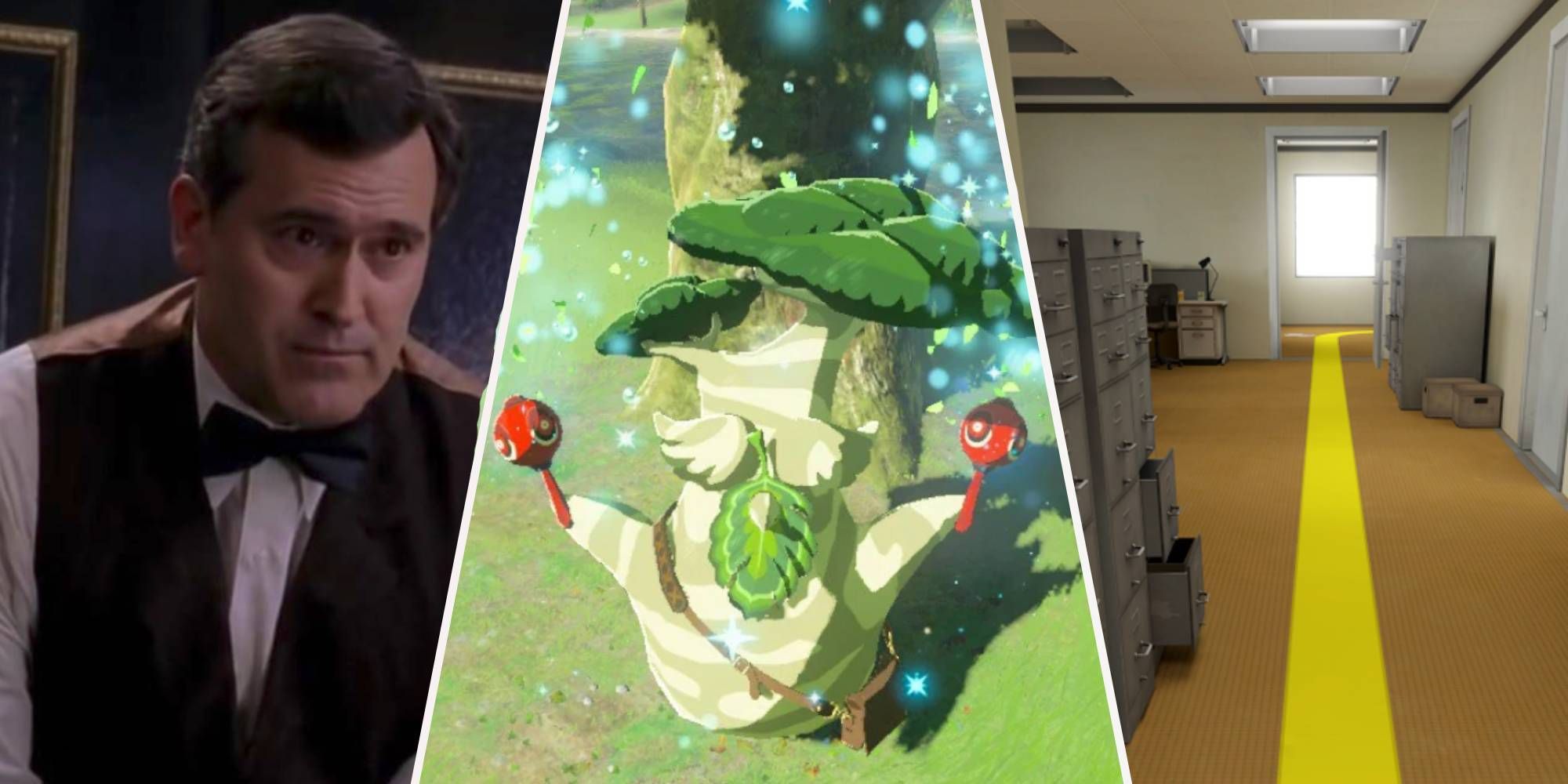A feature image with Bruce Campbell from the Spiderman movies, a Korok, and the yellow line from Stanley Parable