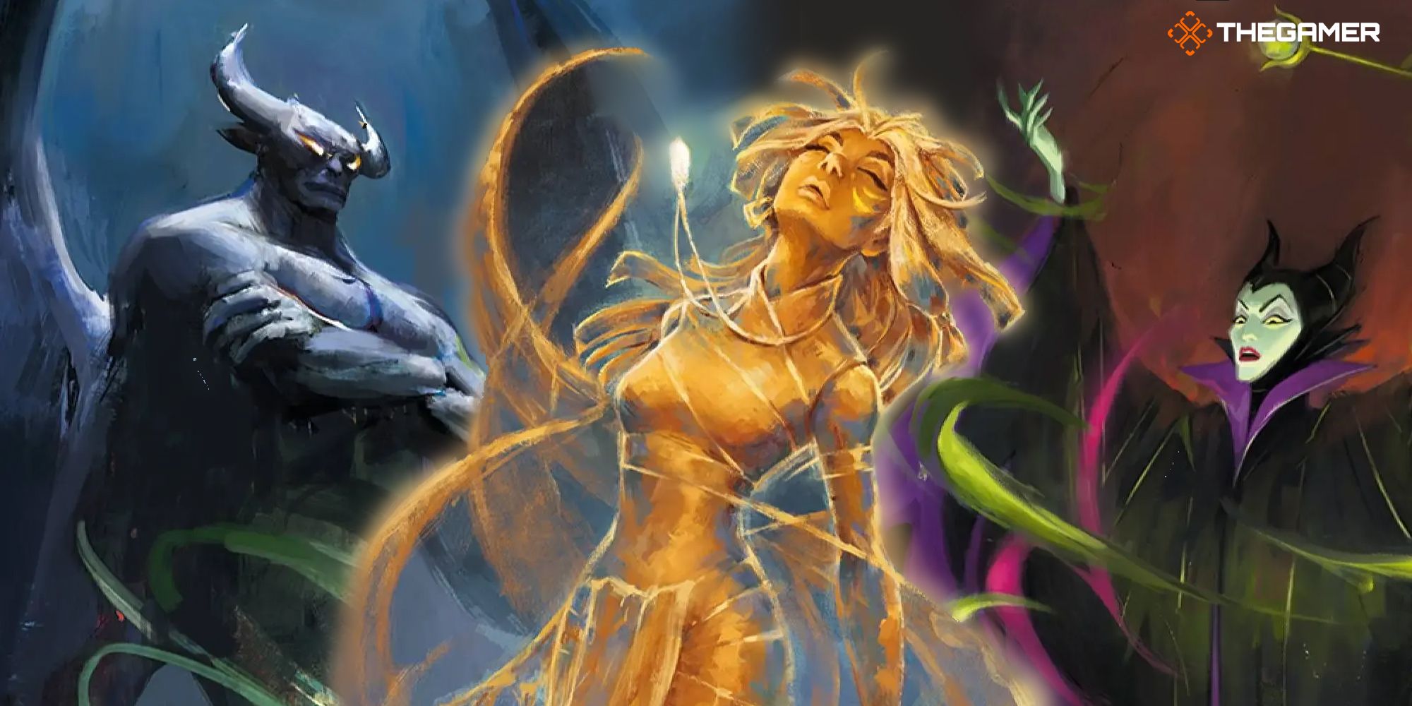 Disney Lorcana combined image of Chernabog, Kida, and Maleficent