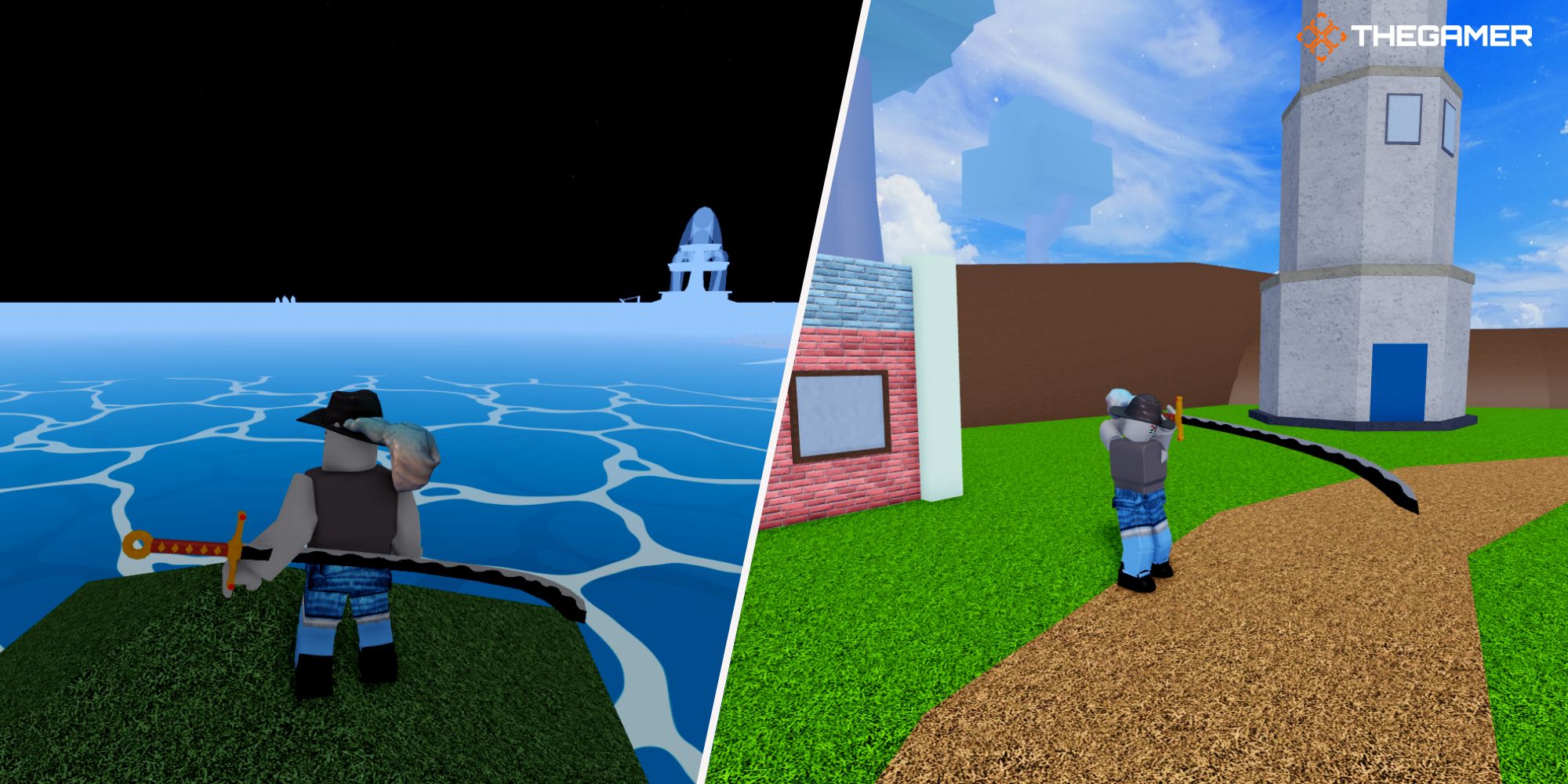 Roblox Blox Fruits, Right: character holding the wardens sword, Left: character front of the sea