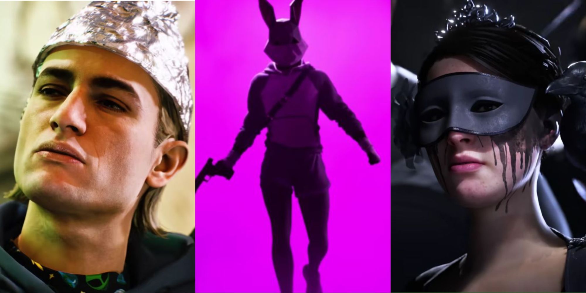 A collage showing a blonde man with a tin hat, a man with a pistol and a bunny mask on a purple background, and a black-haired girl with a carnival mak on in the finals