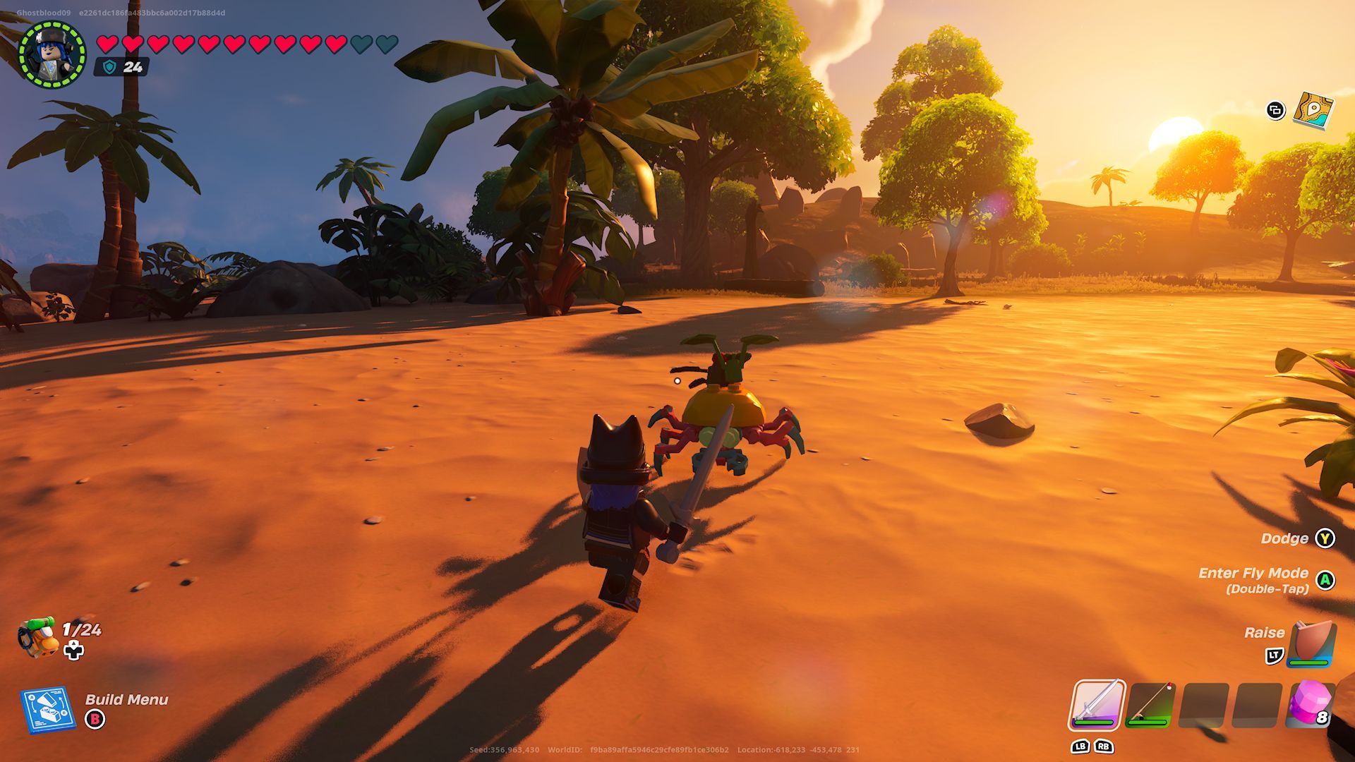 A player fighting a Sand Roller on an island shore in Lego Fortnite.