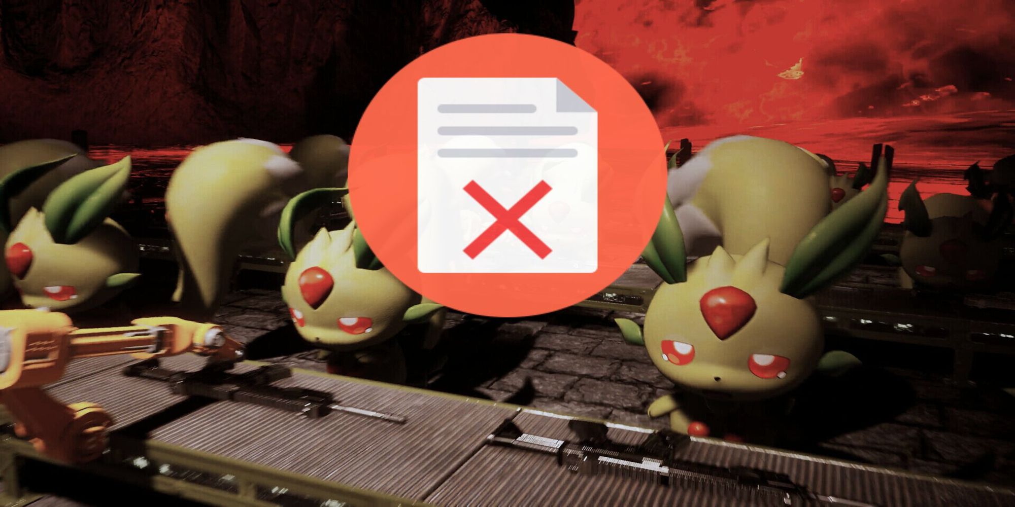 File error symbol on top of an assembly line of Lifmunks from Palworld