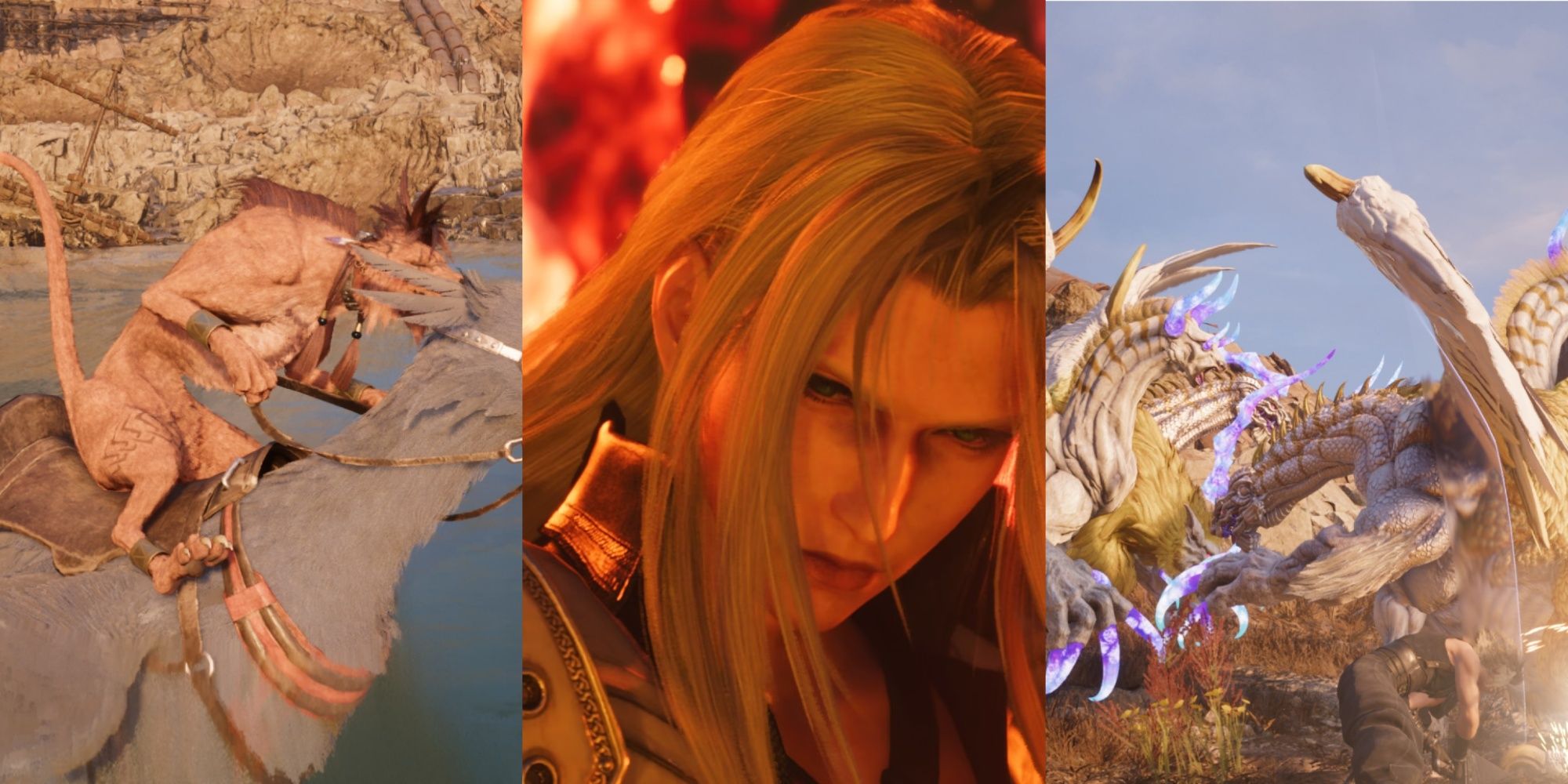 Final Fantasy 7 Rebirth Red XIII Riding a Chocobo, Sephiroth engulfed in flames, and Cloud battling Fiends