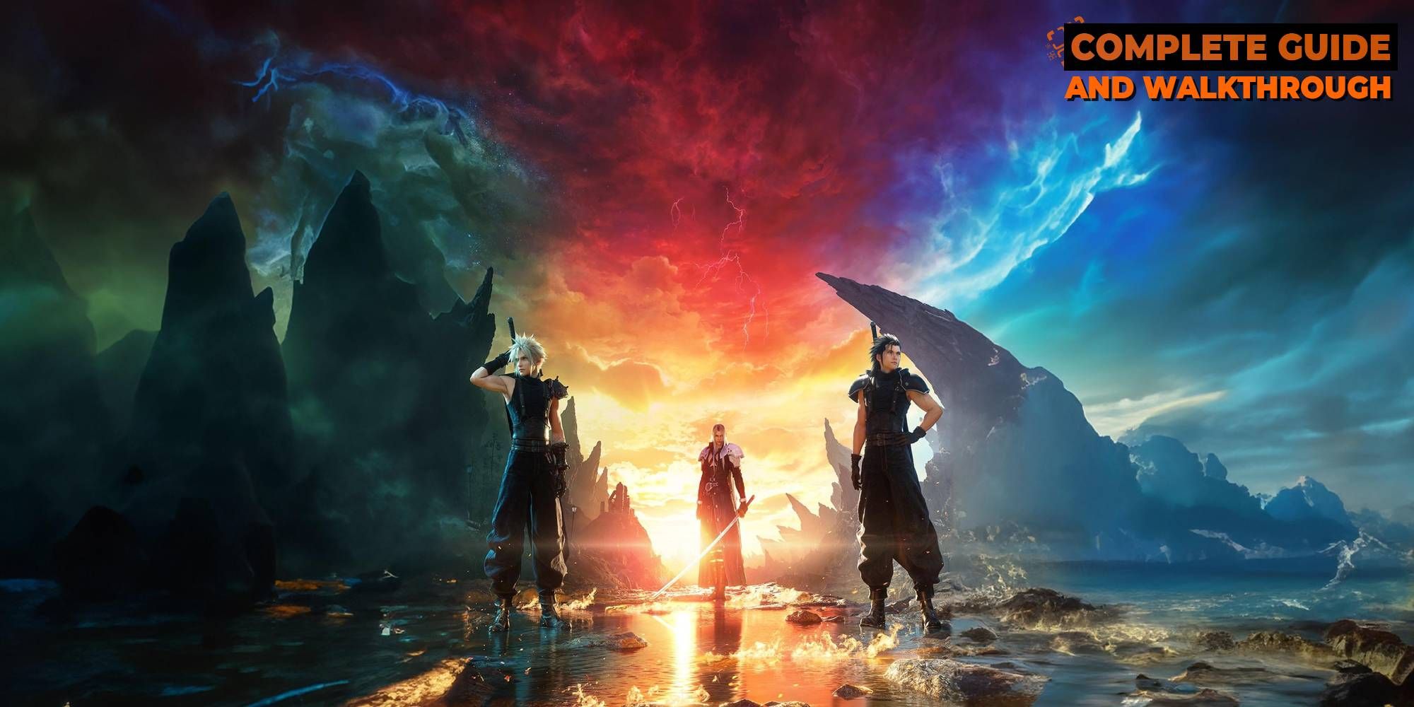 Final Fantasy 7 Rebirth's key art featuring Cloud, Sephiroth, and Zack against a darkening sky