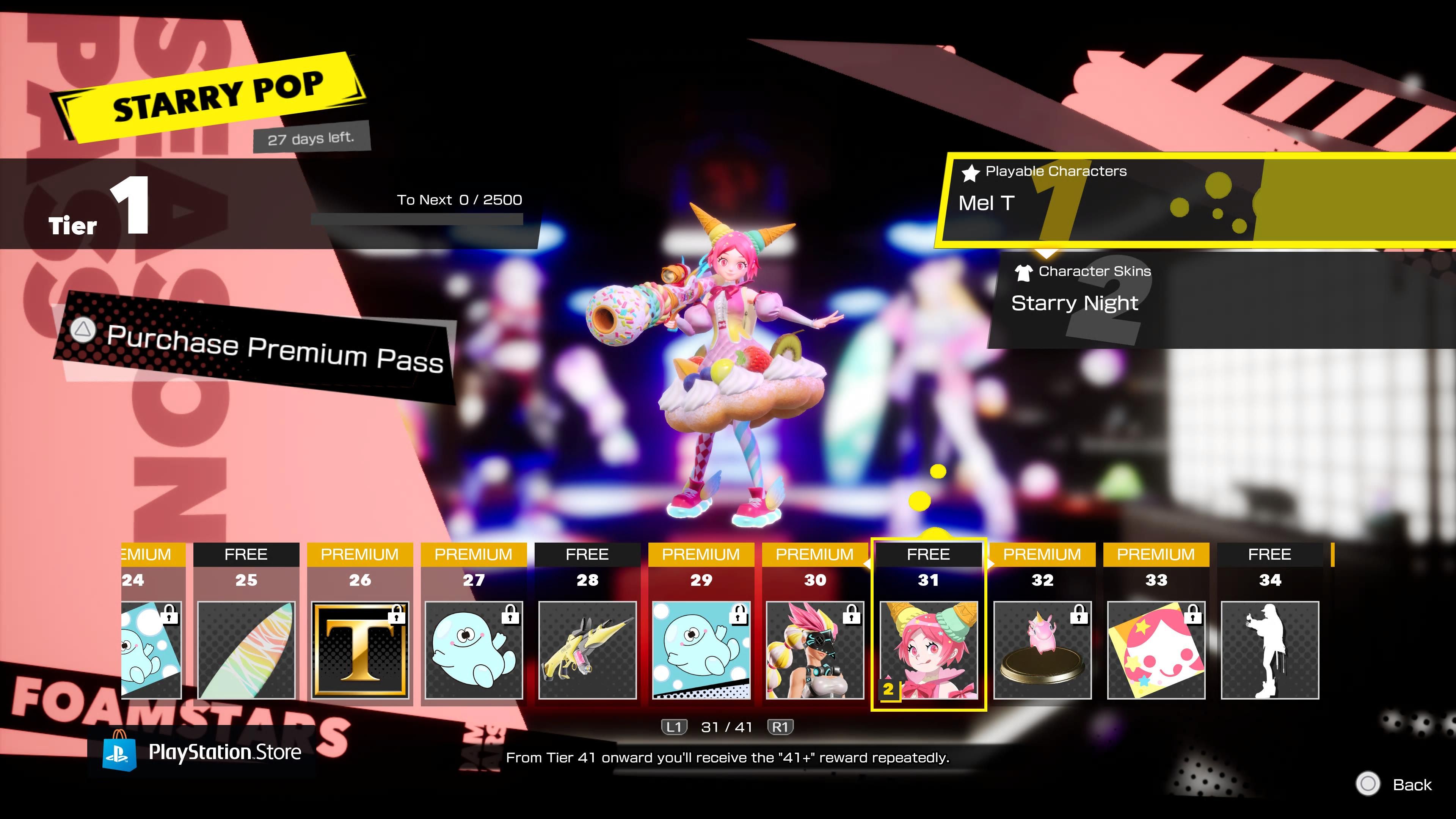 The Season Pass: Starry Pop, showing that free players unlock Mel T at level 31 in Foamstars.