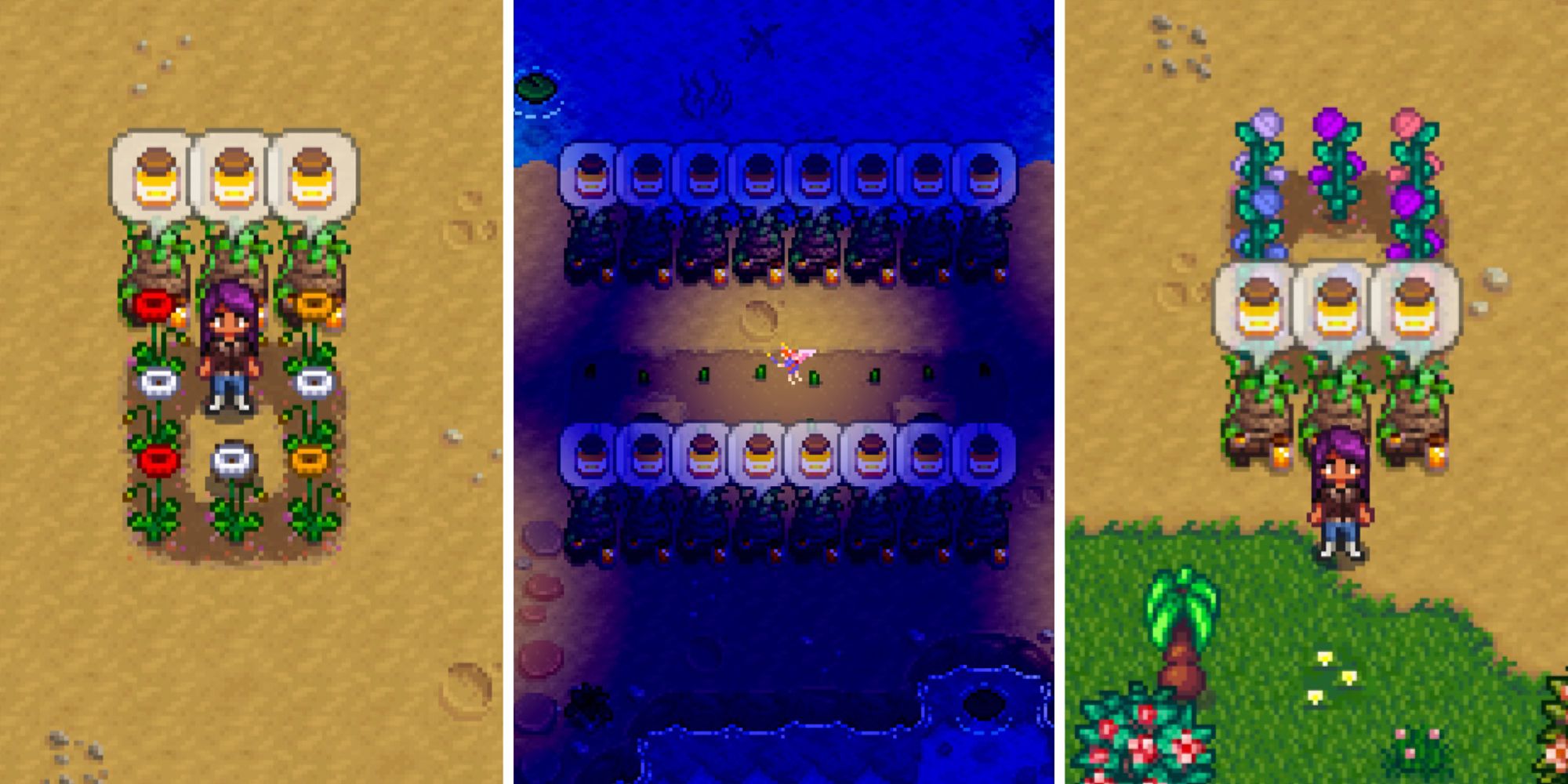 Stardew Valley split image Poppy Honey ready to harvest, the crop fairy blessing some tulips in front of beehives, and Fairy Rose Honey ready to harvest