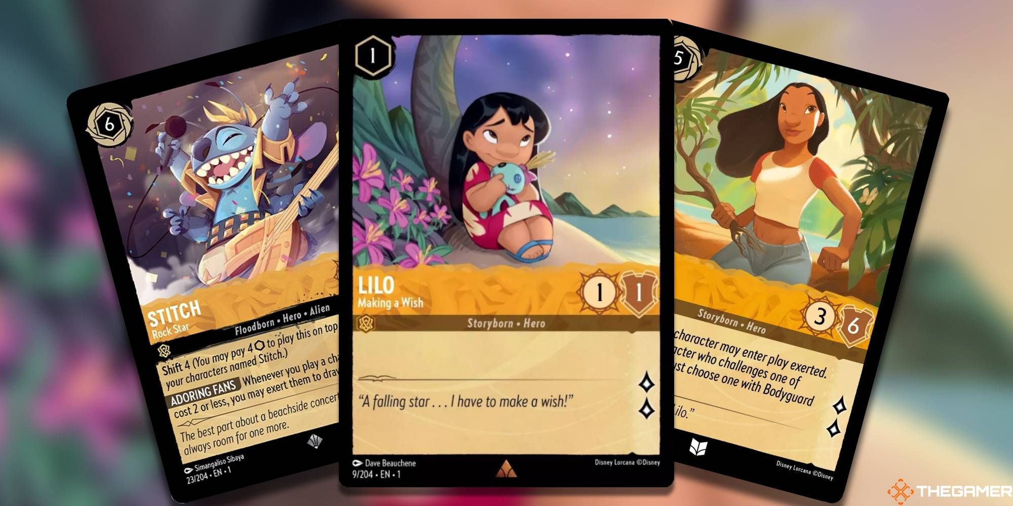 From left to right: Stitch Rock Star, Lilo Making A Wish and Nani Protective Sister Lorcana Cards against a blurred background