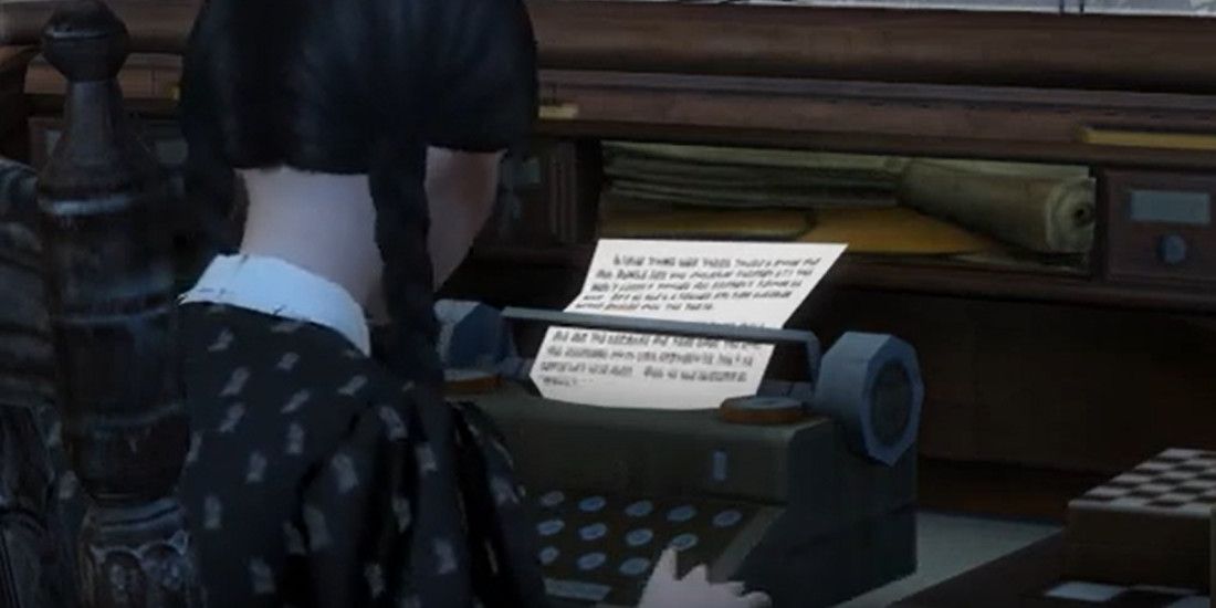 A Sim in The Sims 4 using a typewriter