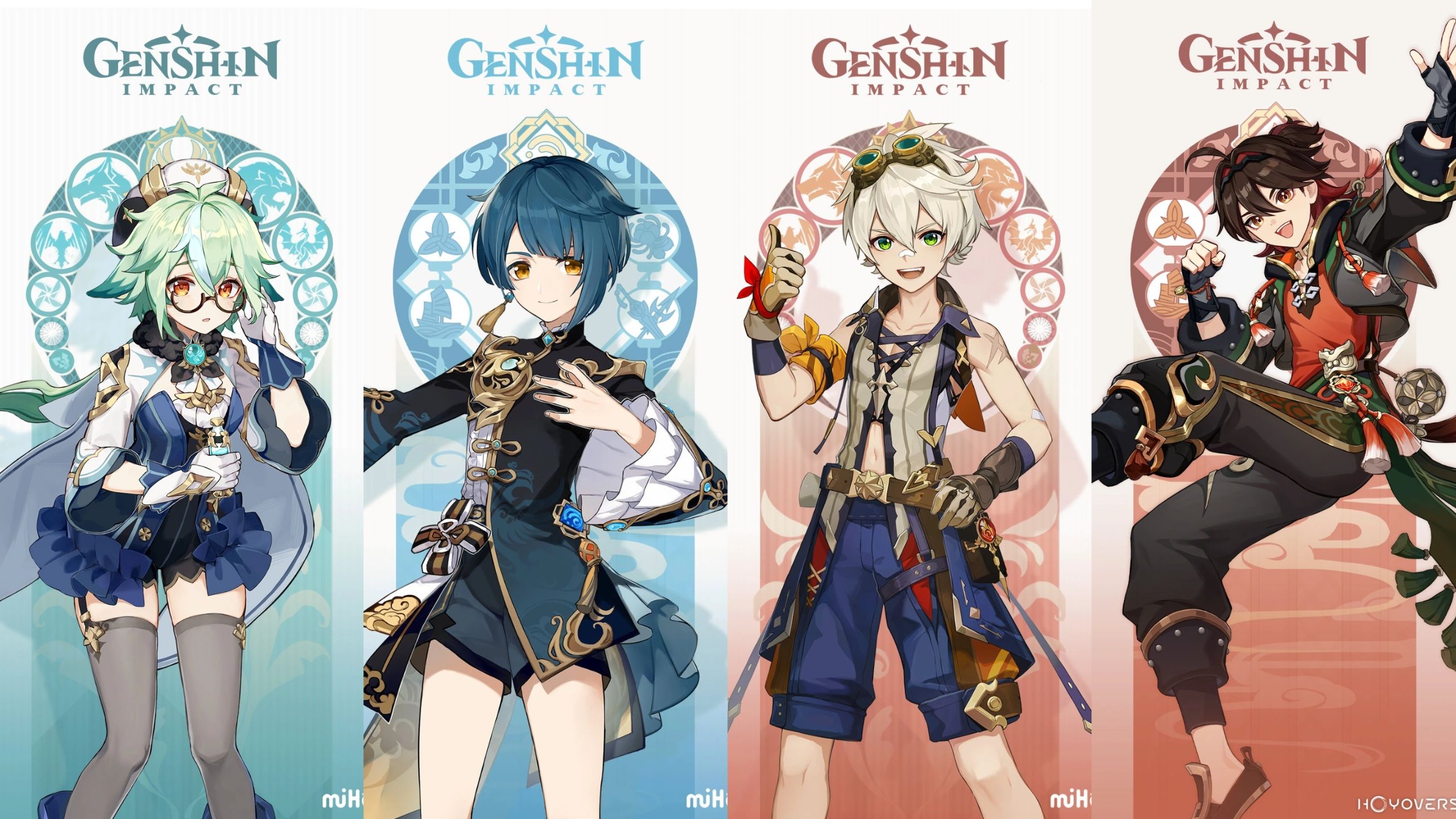Official character introduction artworks of Sucrose, Bennett, Xingqiu and Gaming
