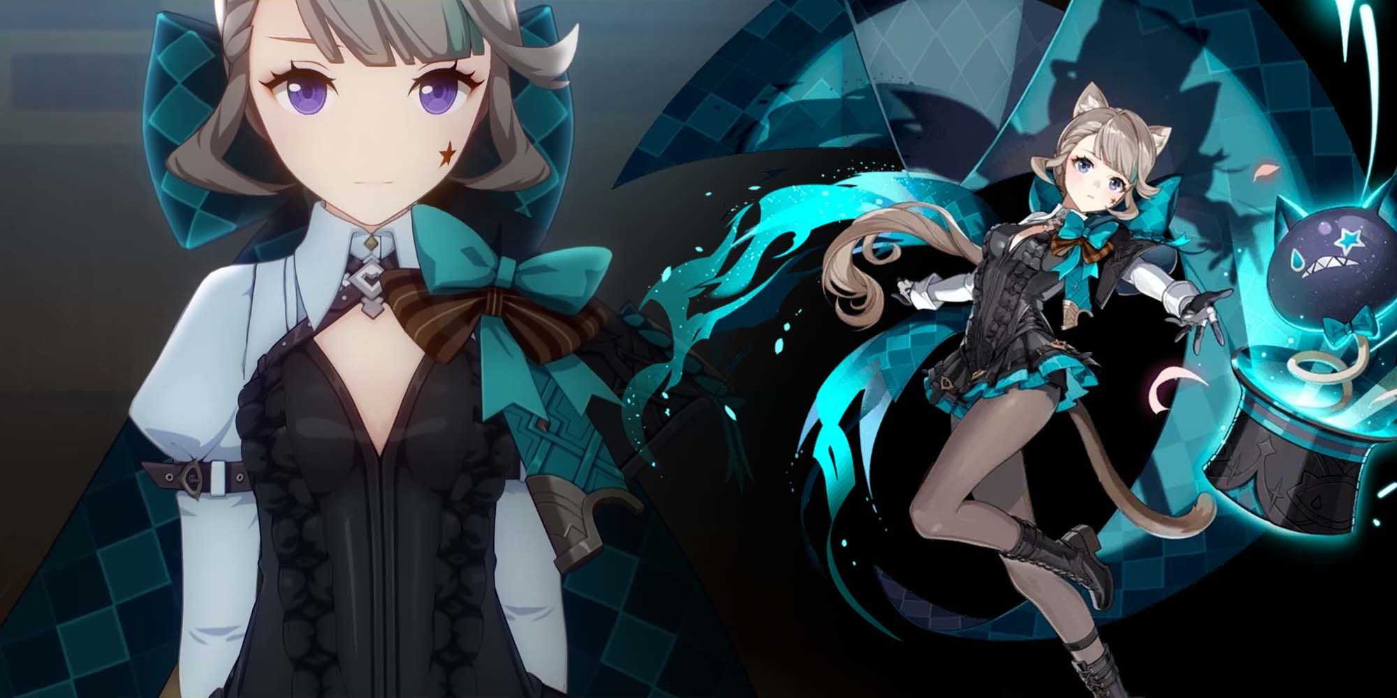 Genshin Impact, two images of Lynette stitched together, one is a screenshot and the other one is her splash art