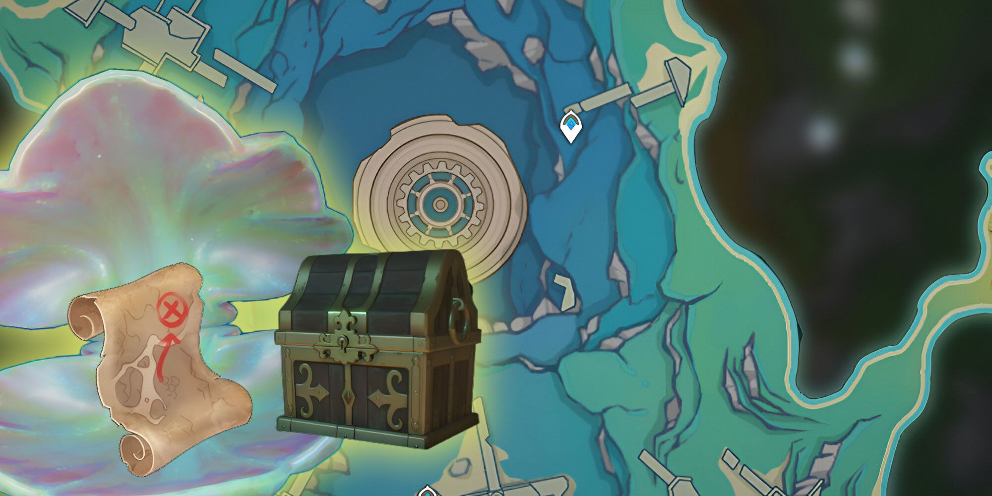 A map of the underwater view of Morte Region, a Huge Shell, treasure map and treasure chest overlap it.