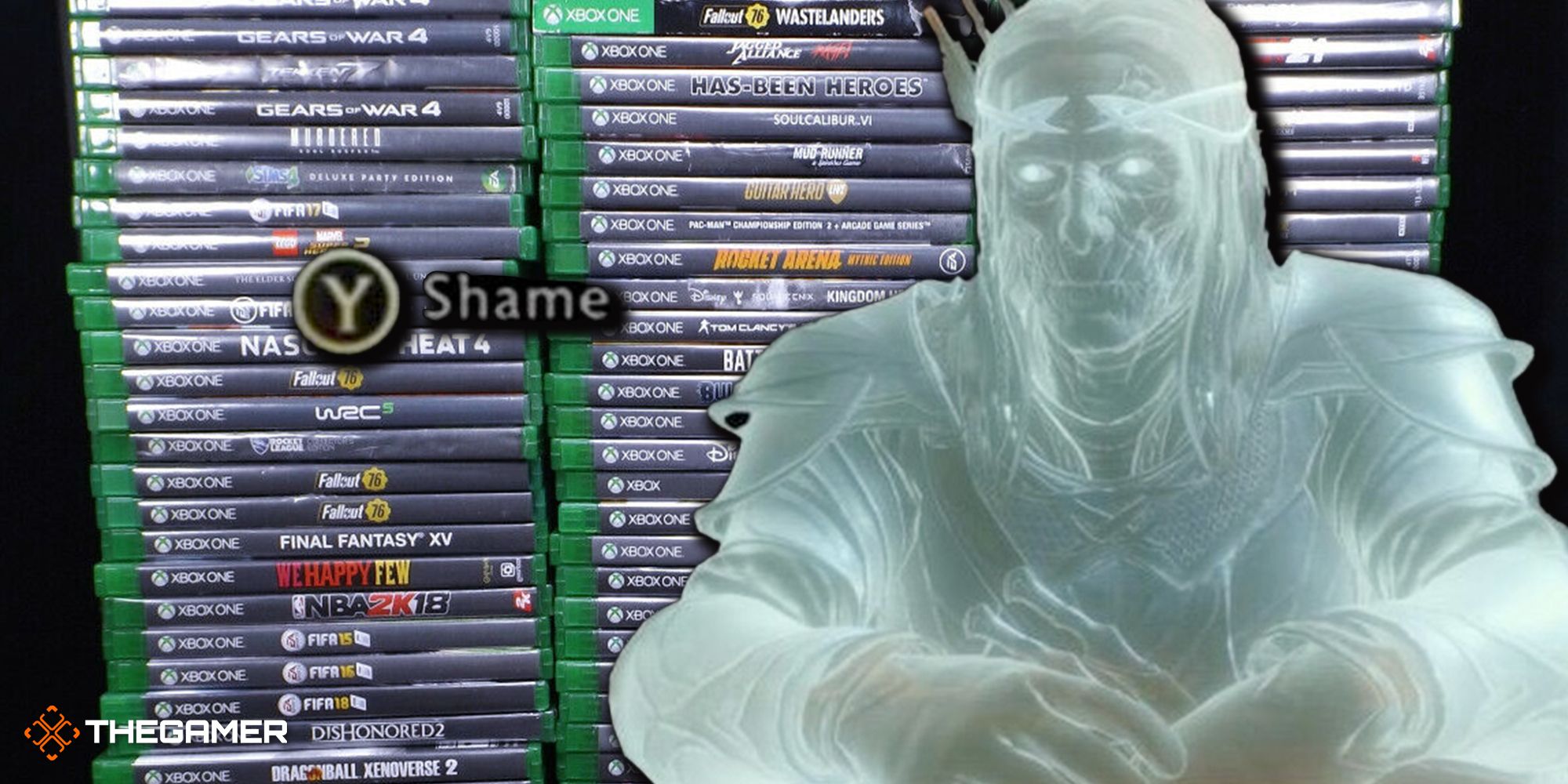ghostly elf in front of stacked video games
