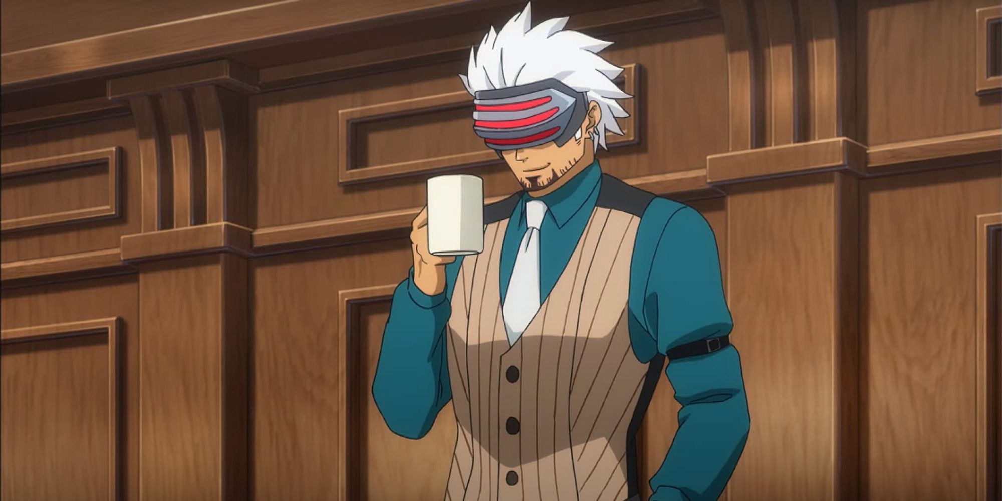 Godot drinking coffee in Ace Attorney