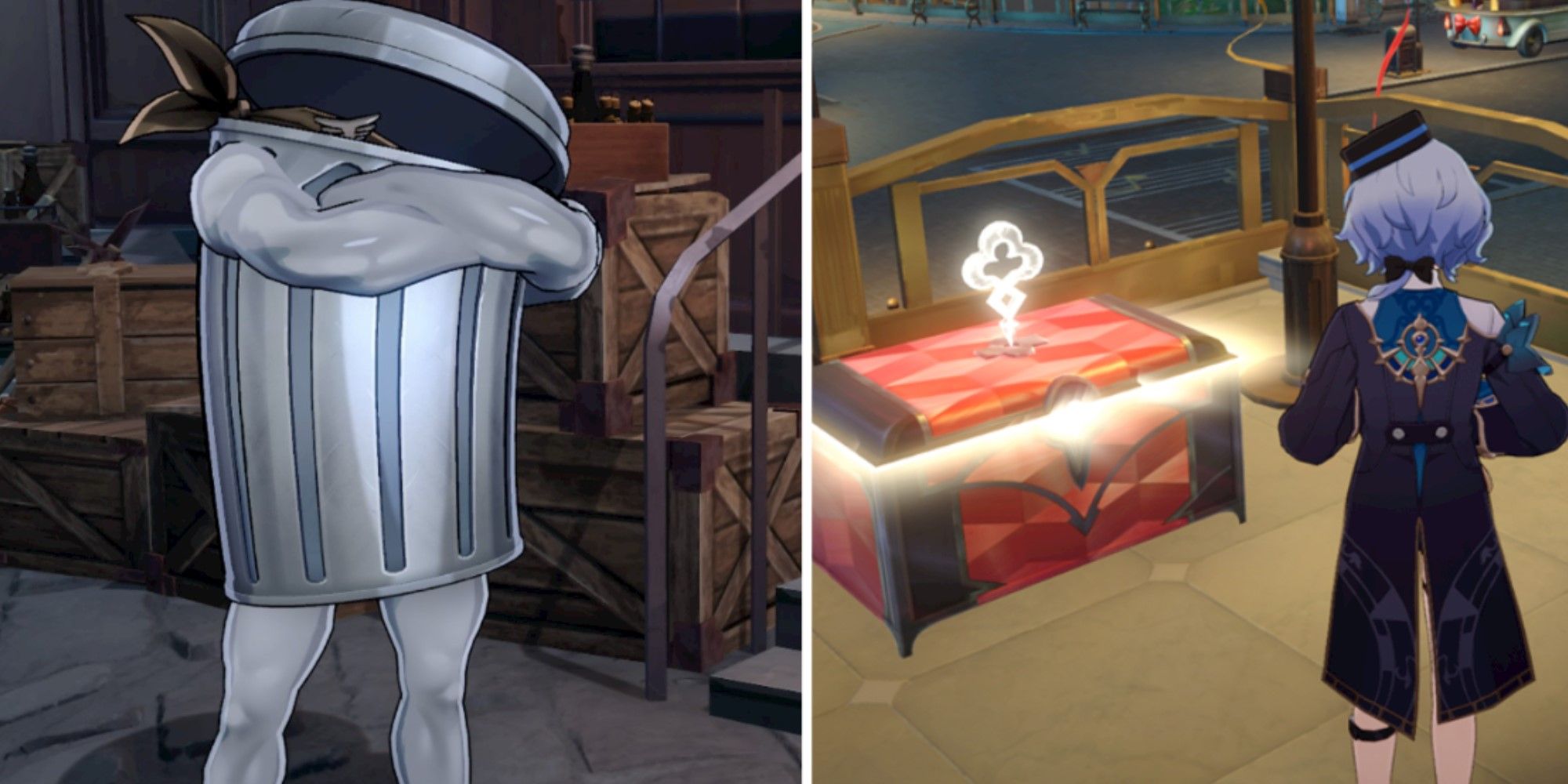 In the left panel, a trash can with legs crosses its arms. On the right, Honkai Star Rail's Misha looks at a treasure chest.