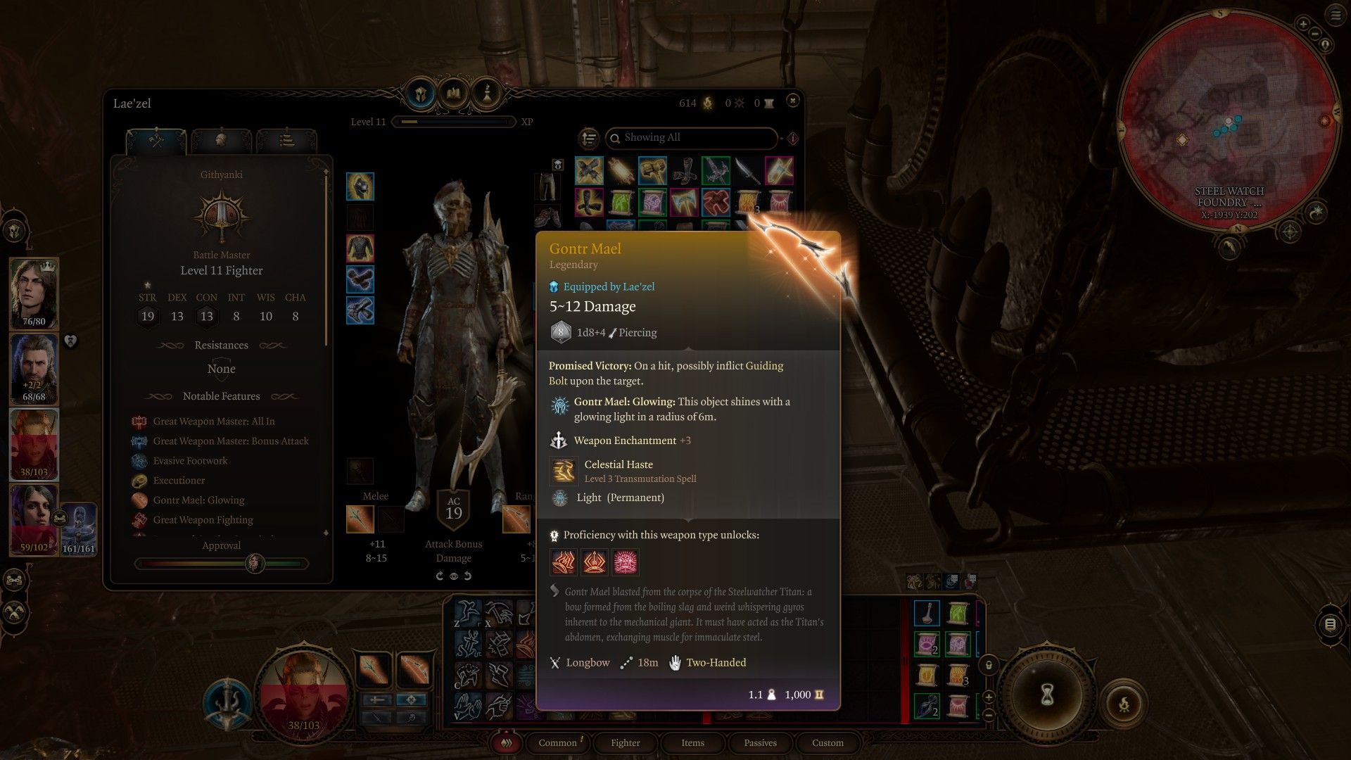 A screenshot of the Gontr Mael in Baldur&rsquo;s Gate 3, listing the stats and details of the bow