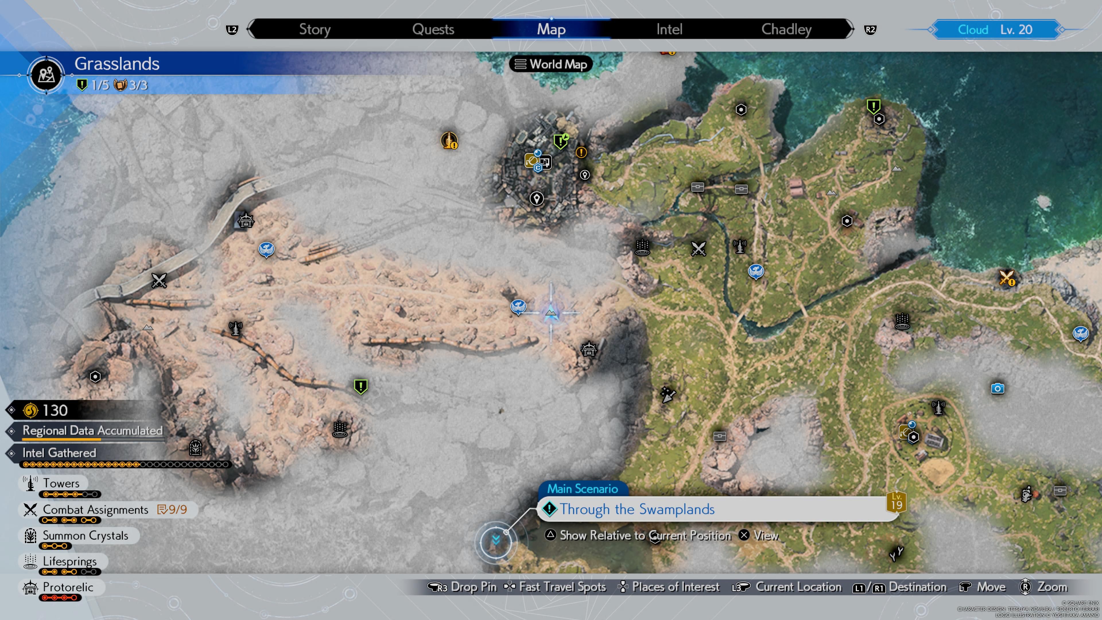 Grasslands map in FF7 Rebirth highlighting the Through the Swamplands main quest