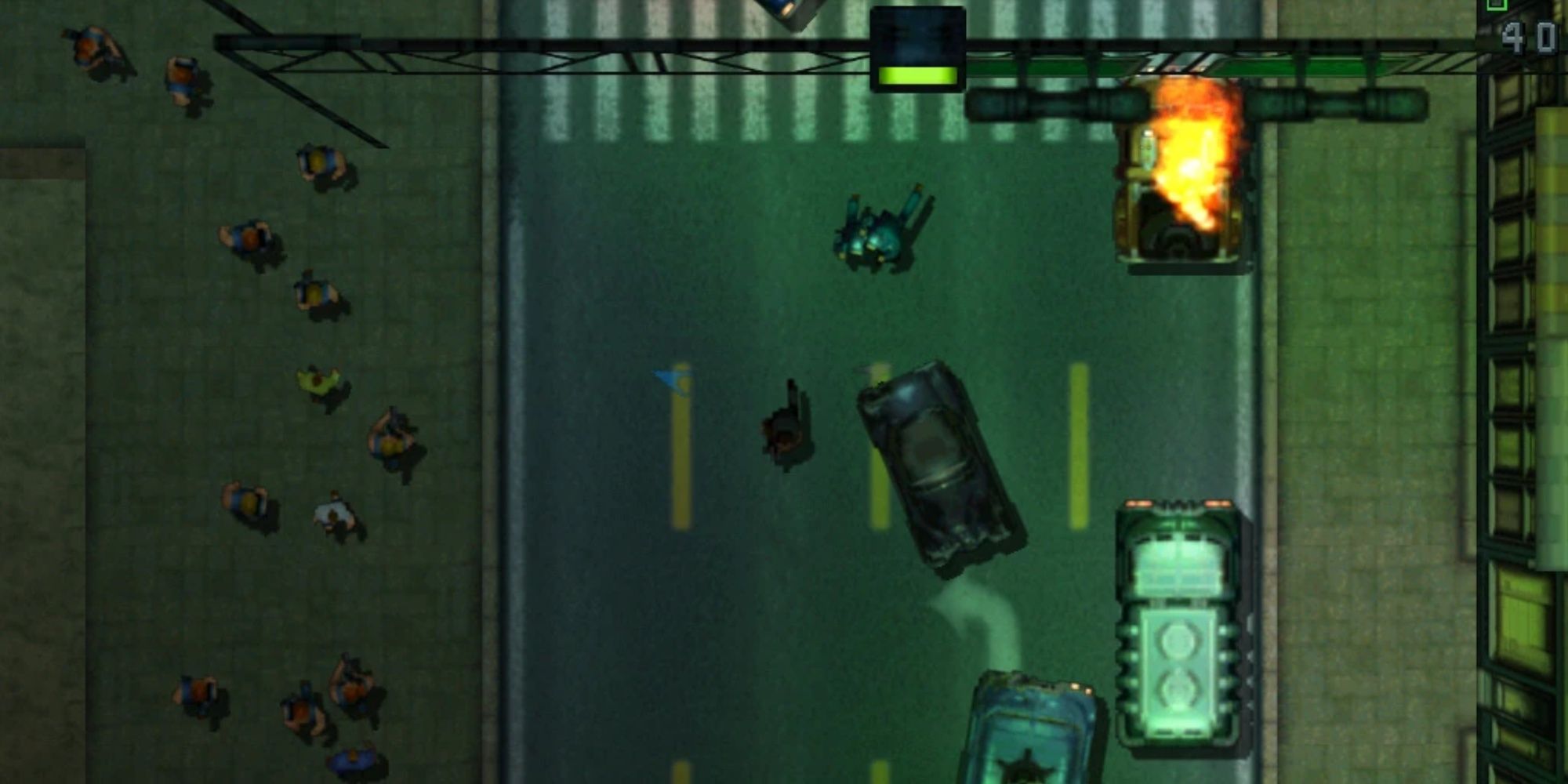 The streets of GTA2, and an exploding car.