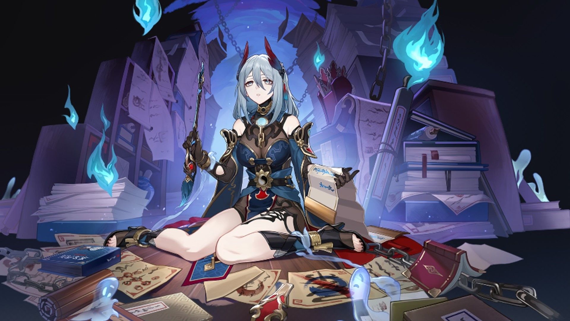 Honkai Star Rail&rsquo;s Hanya sits in a library or study as blue flames float around her.