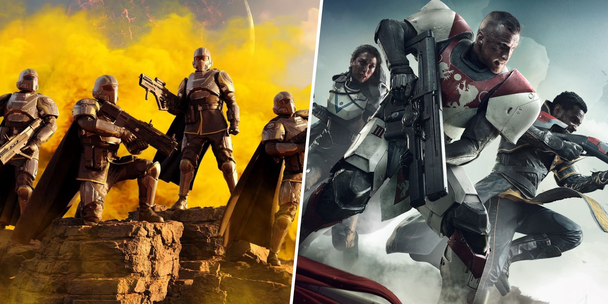 Right: cover art for Helldivers. Left: Cover art for Destiny. Both feature sci-fi soldiers wiedling guns. 