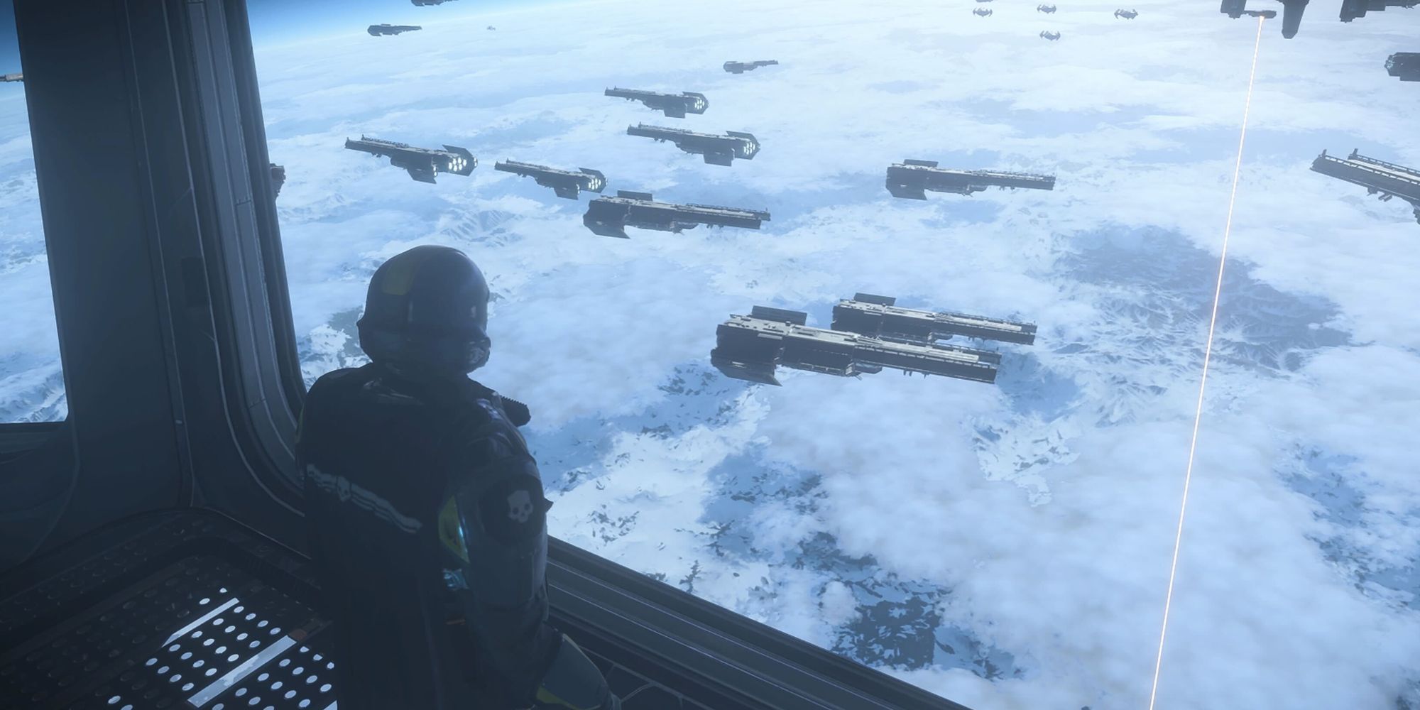 A Helldiver in Helldivers 2 watching an orbital drop from space.