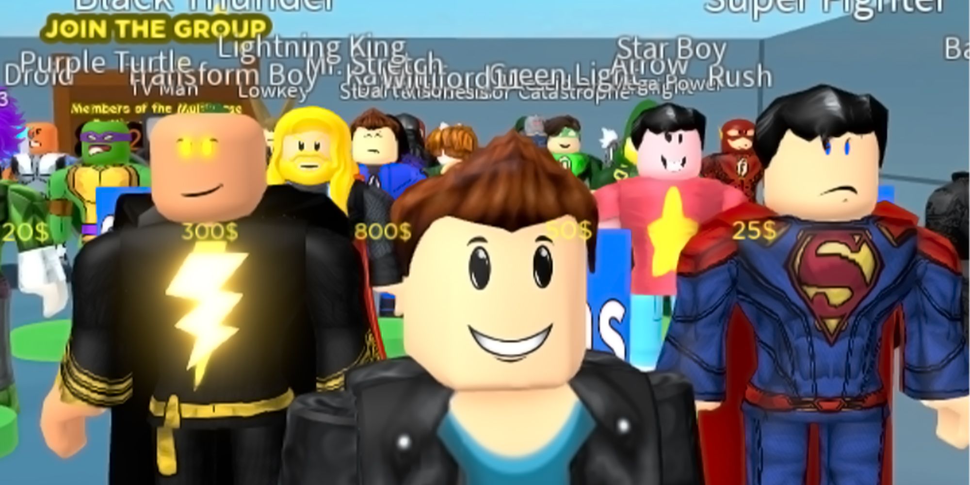 Heroes inspired by film, television, and comics stand behind a Roblox character in Multiverse Battleground.