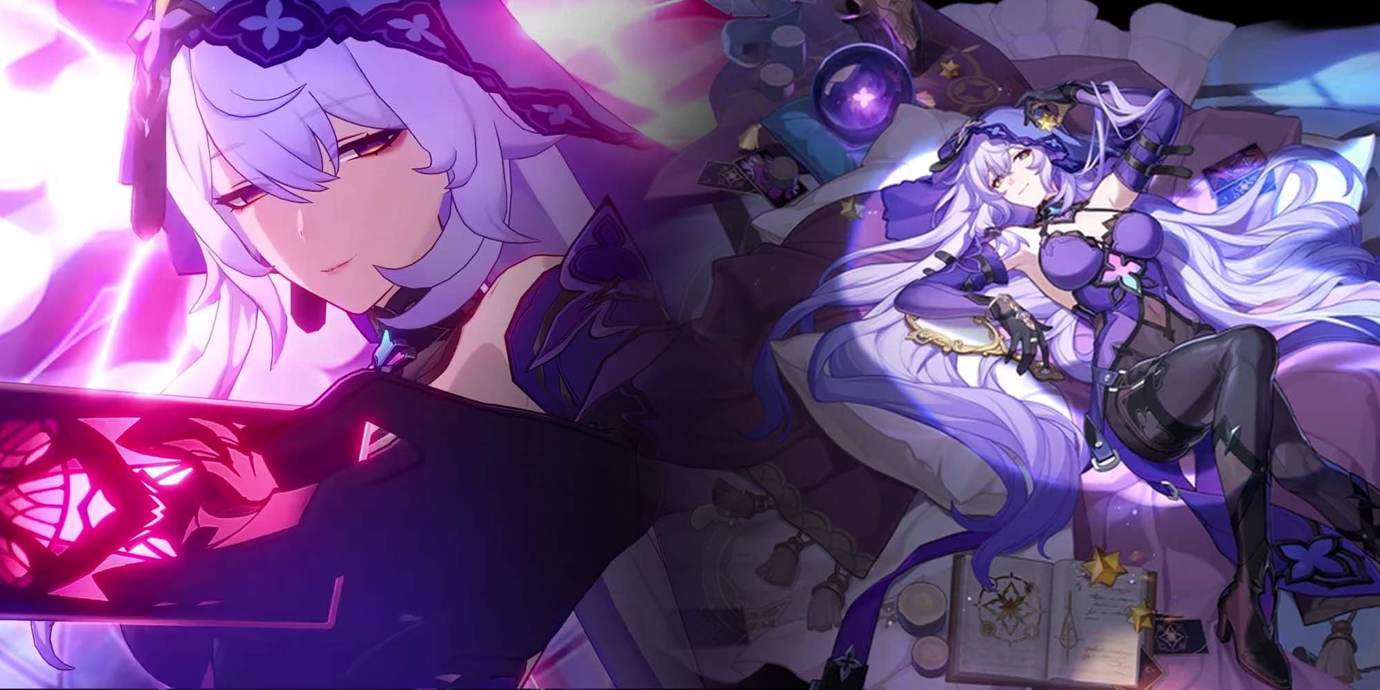 Honkai Star Rail, two images of Black Swan stitched together, one is from her ultimate animation while the other one is her splash art