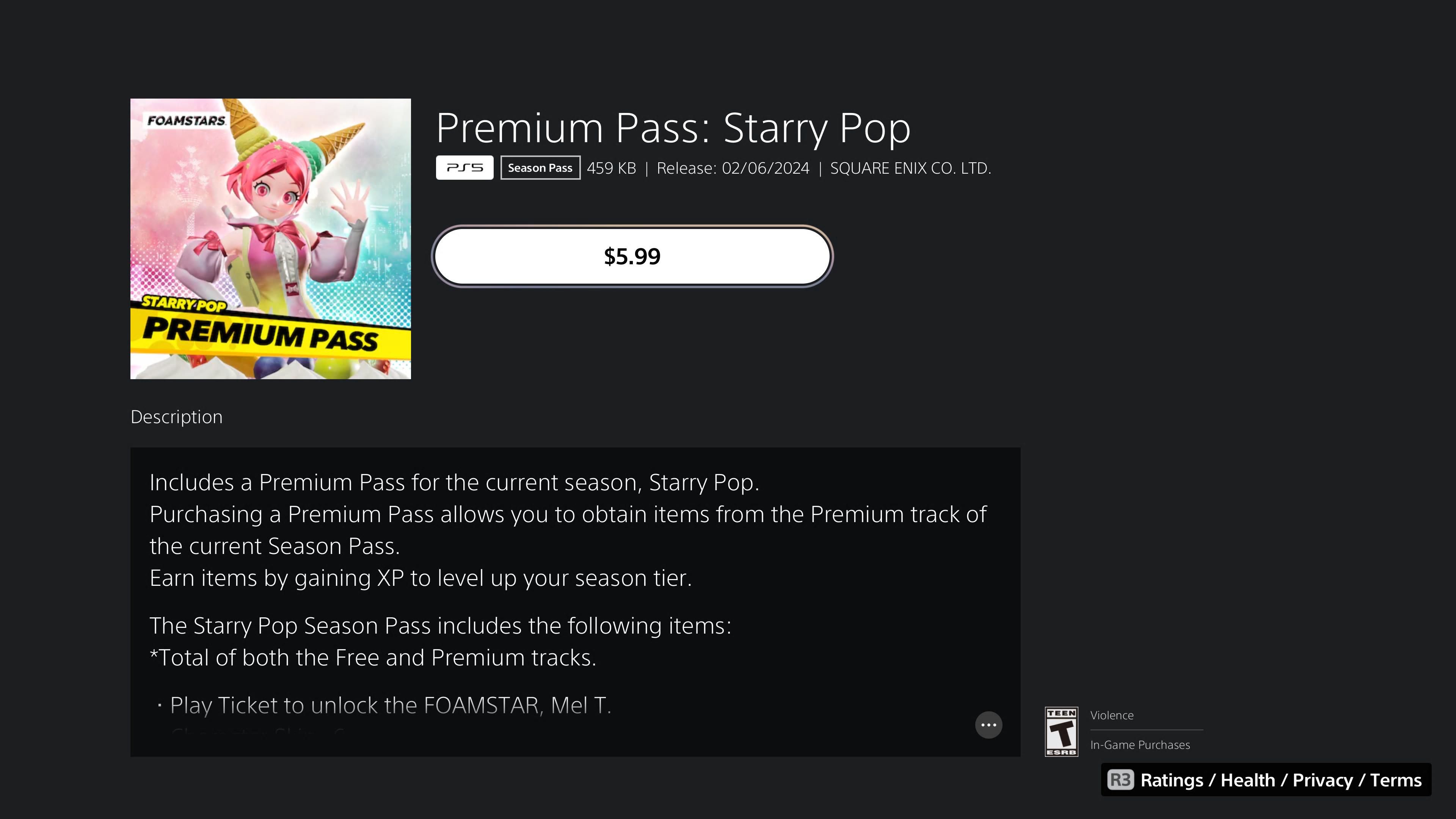 The Premium Pass: Starry Pop, showing that it costs $5.99 in Foamstars.