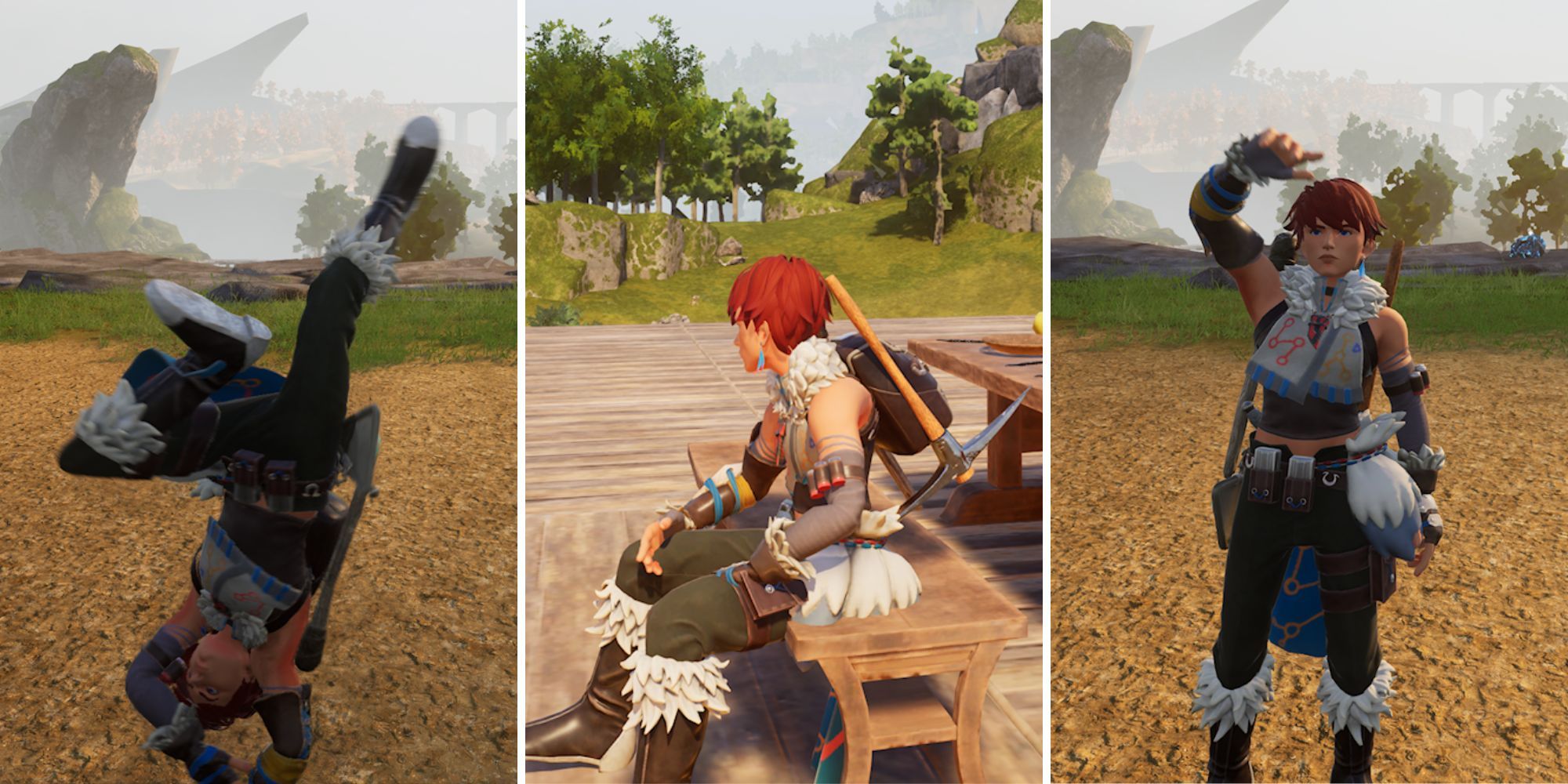 Collage of a player using various emotes  to dance, sit, and wave in Palworld.