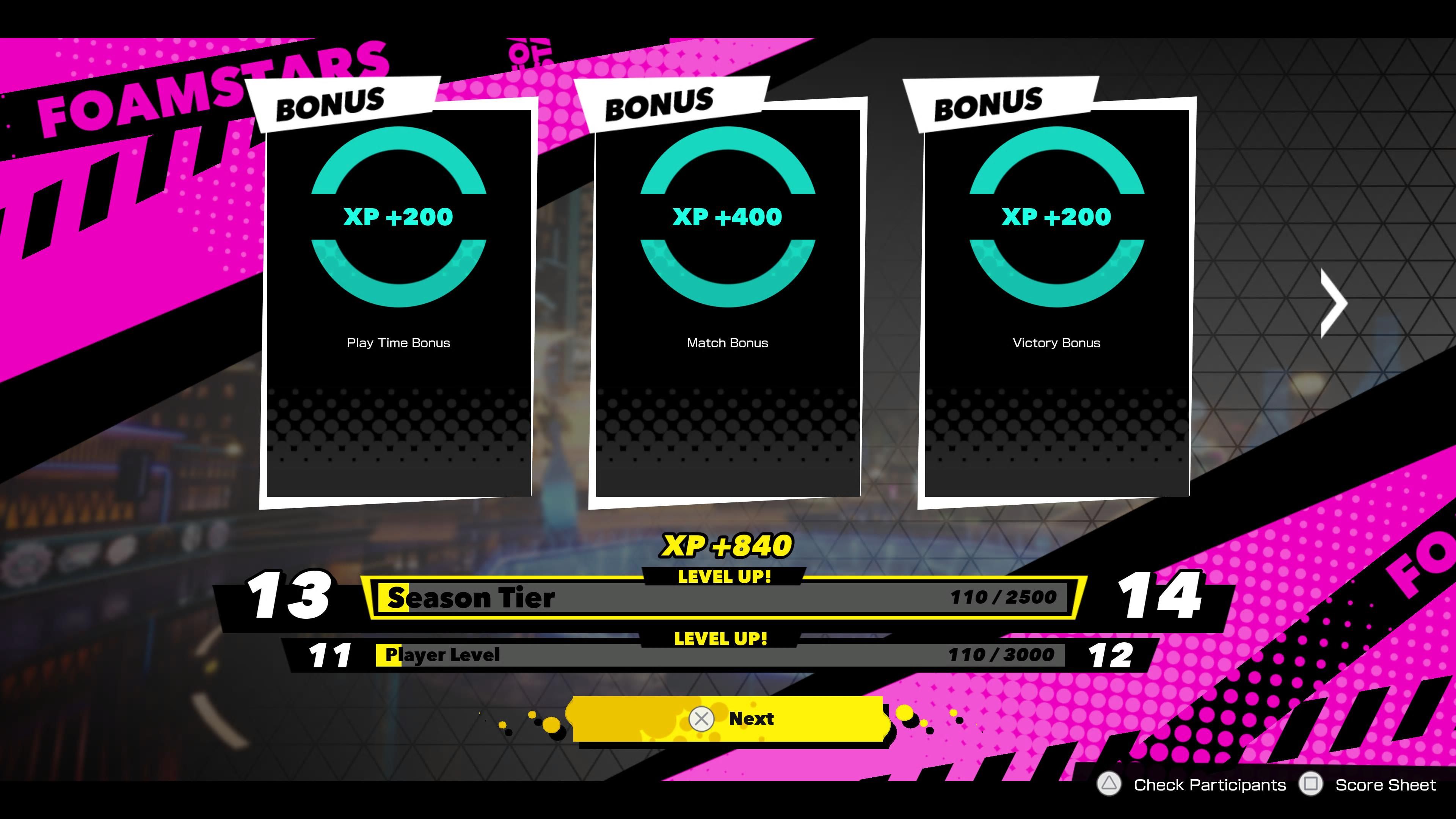Getting a season tier level up through play time bonus, match bonus, and victory bonus in Foamstars.