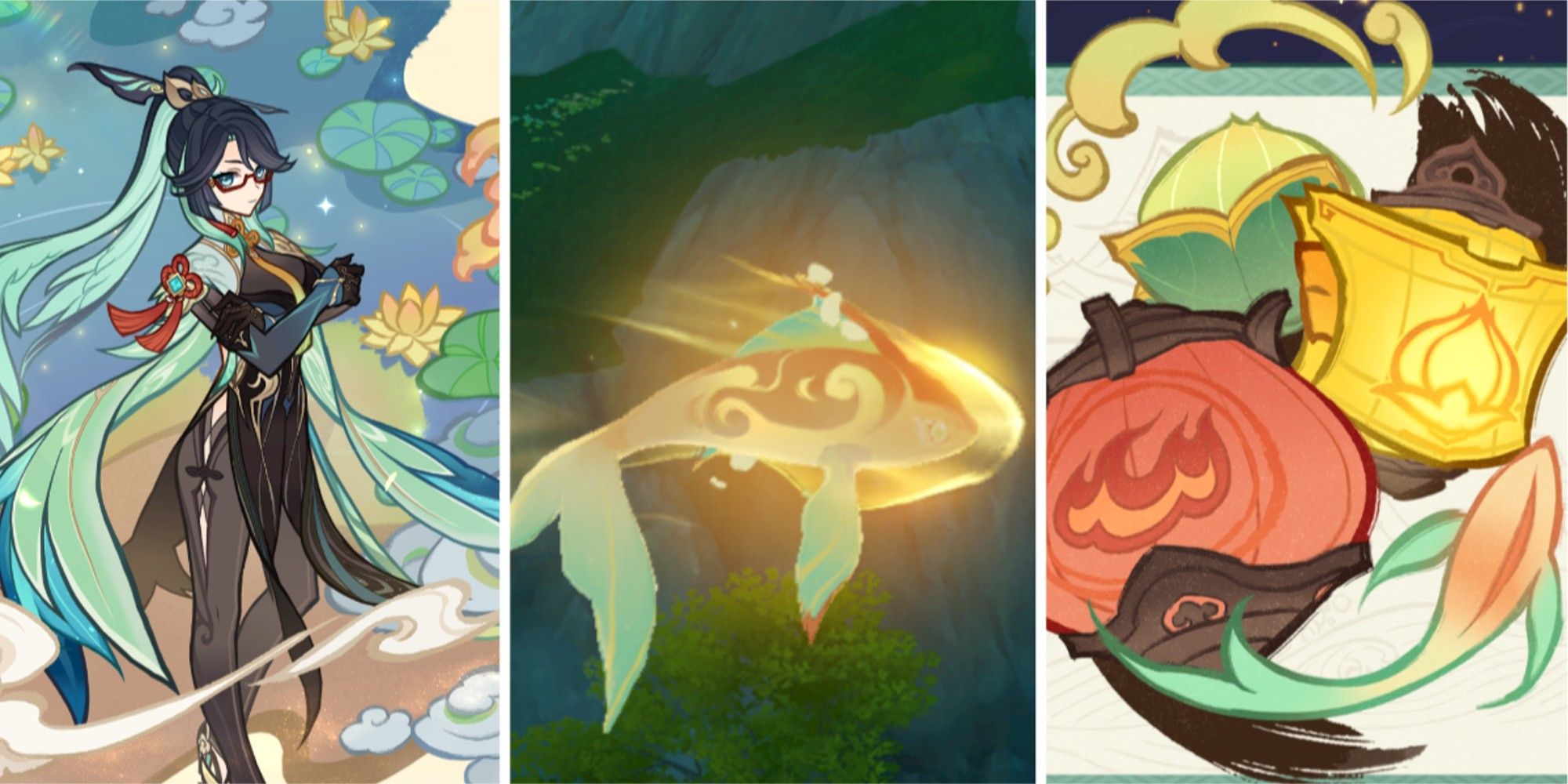A three-panel image featuring Xianyun, a glowing carp, and floating lanterns.