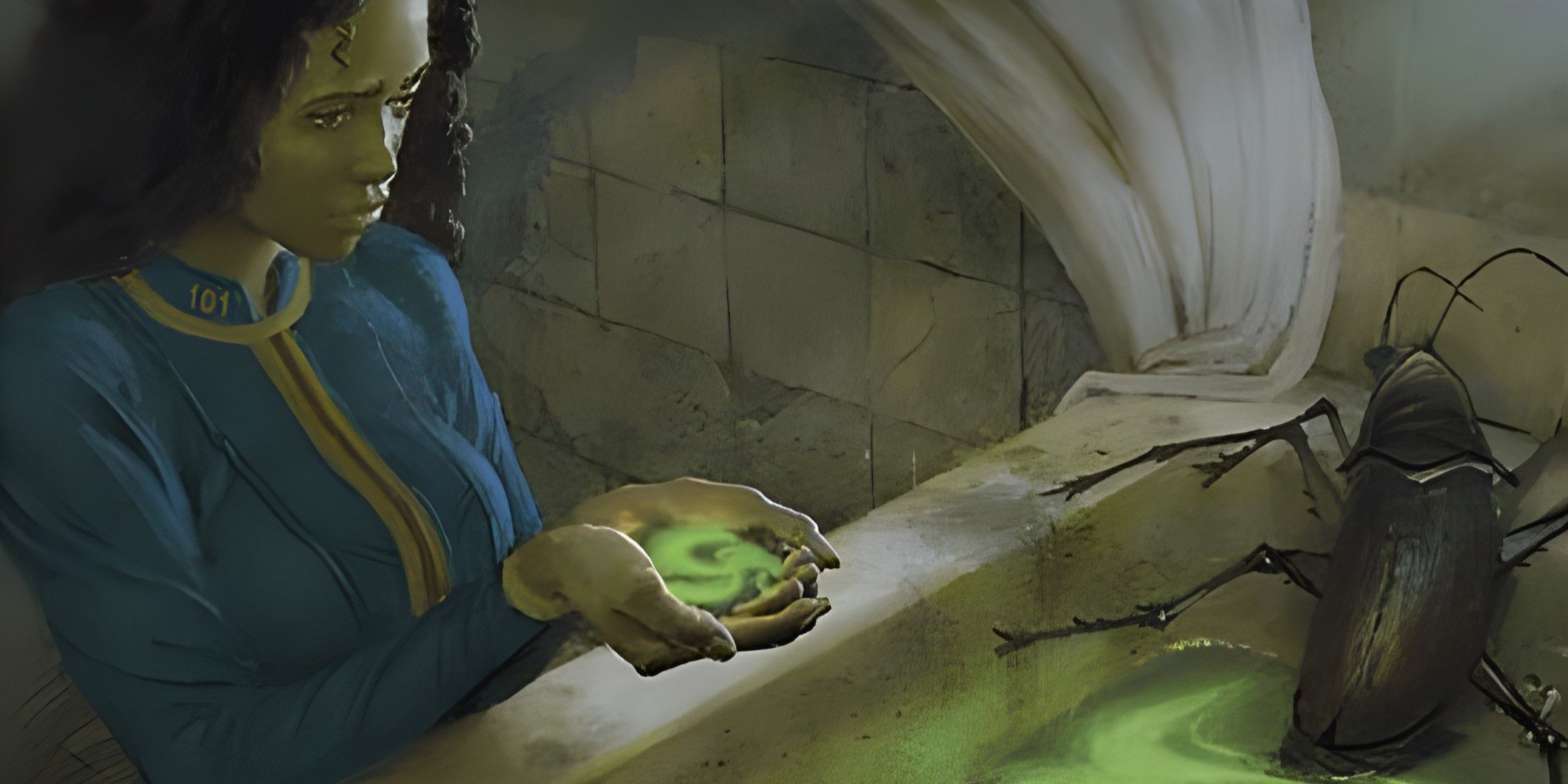 The Lone Wandered with a cupped hand of glowing green water.