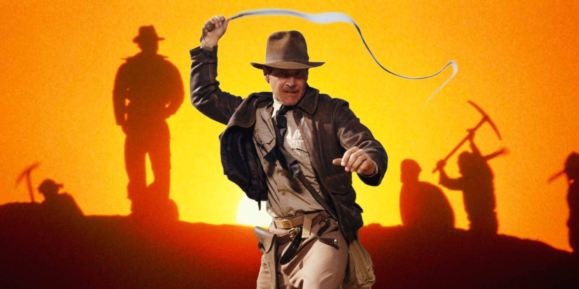 Indiana Jones raising his whip in front of iconic Raiders of the Lost Ark sunset silhouette scene