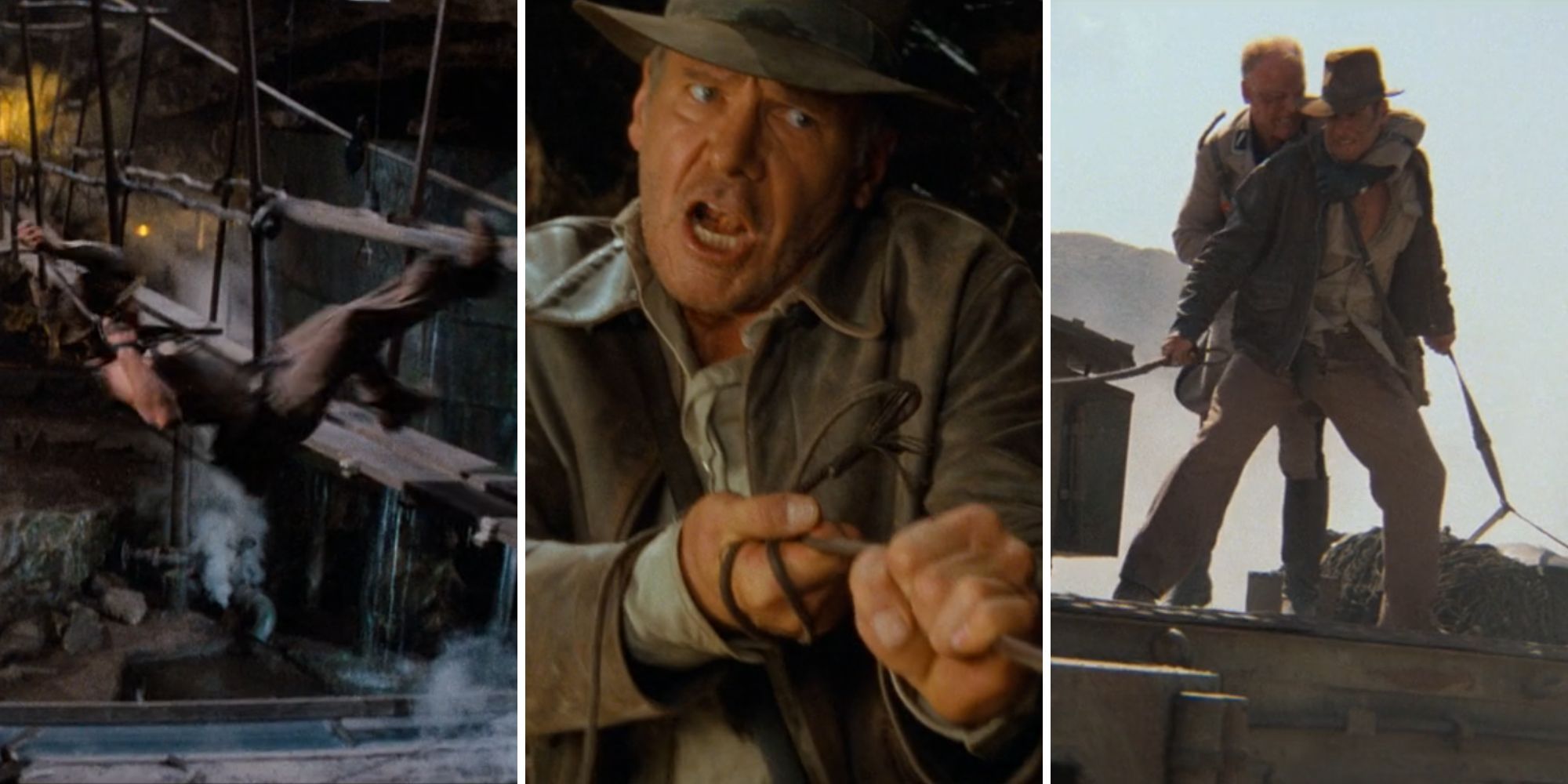 Indiana Jones swings toward a bridge, Indiana Jones tries to save Mac, Indiana Jones fights a Nazi on a tank