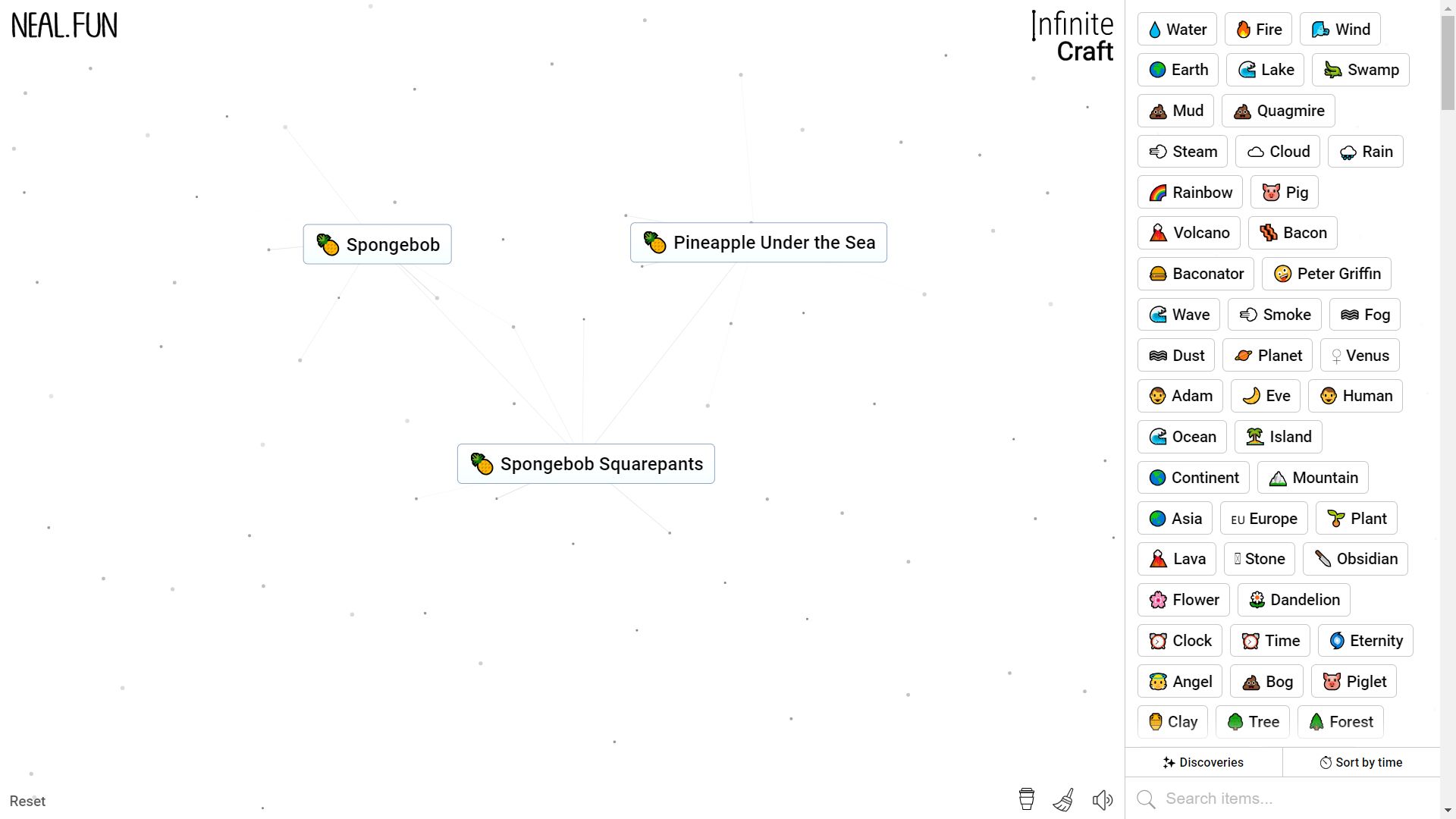 Infinite Craft, the process of crafting Spongebob Squarepants