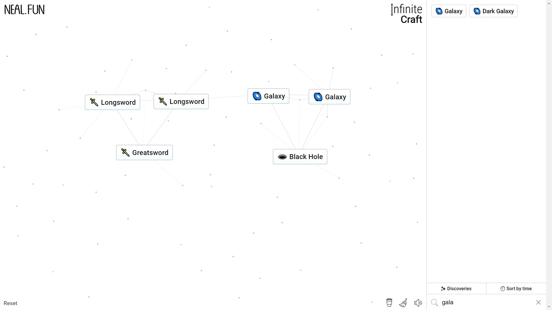 Infinite Craft, the process of crafting black hole and greatsword