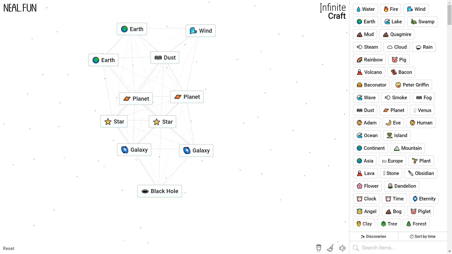 Infinite Craft, the process of crafting Black Hole
