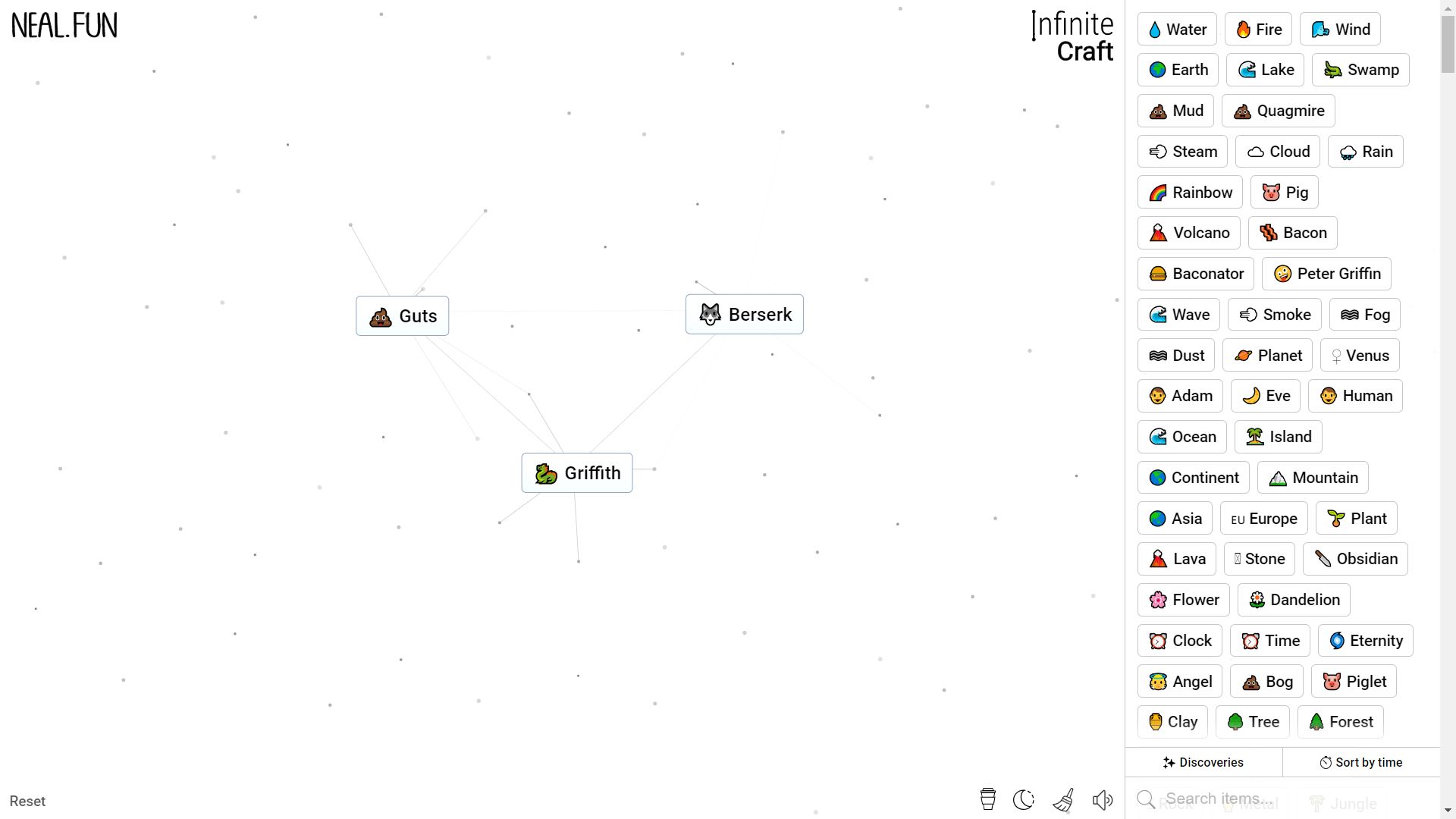 Infinite Craft, the process of crafting Griffith
